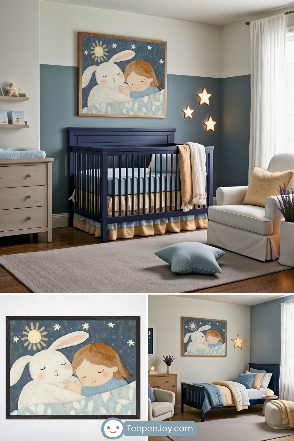 Soft and whimsical nursery featuring a cream-colored crib with pastel bedding in shades of blue, pink, and white. Above the crib, a framed painting depicts a young girl in a blue hat having a tea party with an oversized bunny wearing a red bow tie, set in a charming outdoor scene. The room is styled with sage green walls, a pink armchair with a cozy throw blanket, wooden furniture, and delicate floral accents, creating a serene and storybook-like atmosphere.