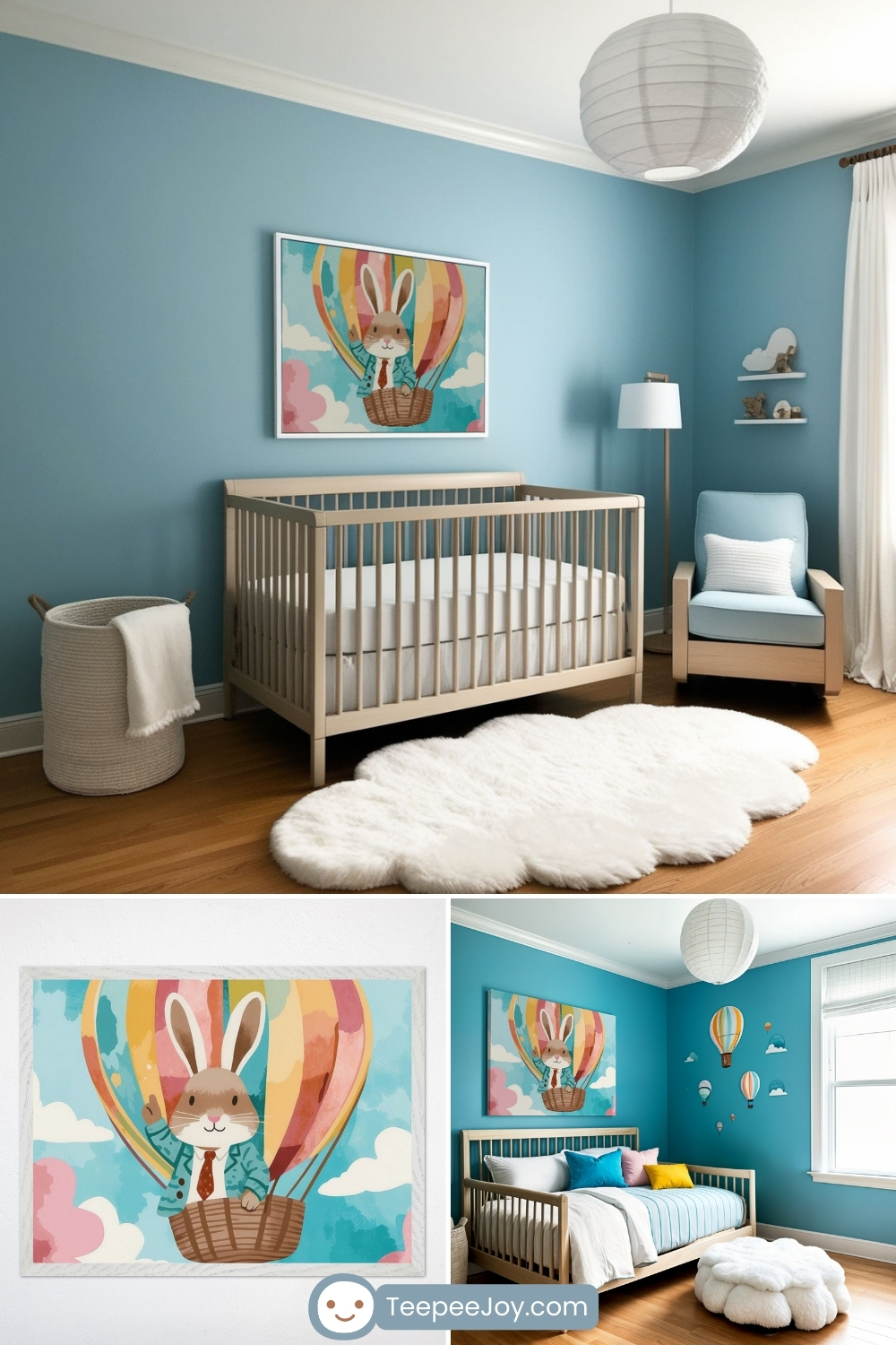 Vibrant bunny-themed nursery with sky-blue walls, a wooden crib, and playful decor. Above the crib hangs a whimsical illustration of a bunny wearing a suit, floating in a colorful hot air balloon against a bright blue sky with fluffy clouds. The room features a soft, cloud-shaped rug, a cozy blue armchair, and white floating shelves with small toys and decorations. Below, a close-up of the bunny artwork is shown, alongside a coordinating bedroom setup with hot air balloon wall decals and matching bedding. The "TeepeeJoy.com" logo appears at the bottom.