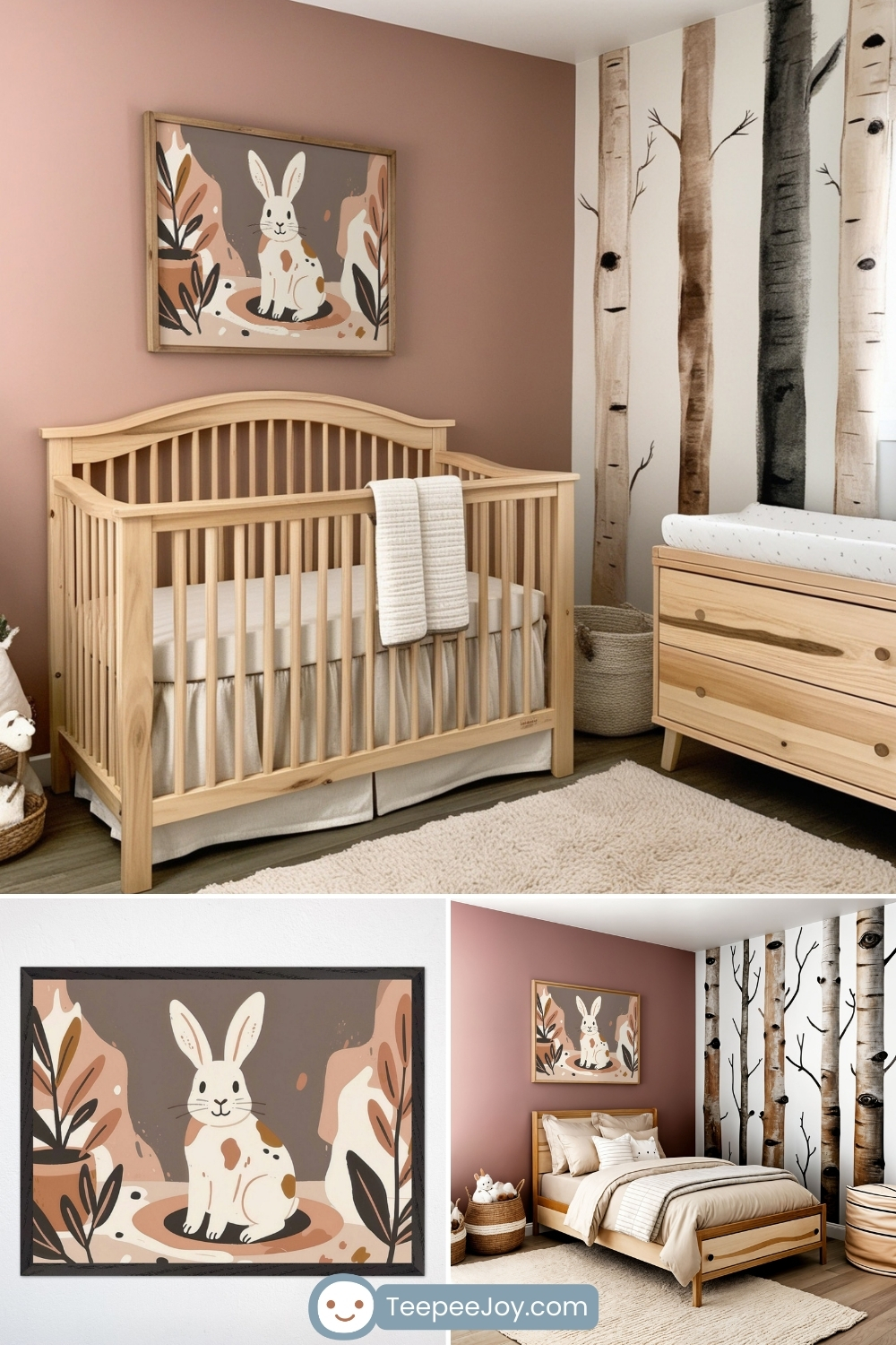 Woodland-themed nursery featuring a natural wood crib against a warm mauve accent wall. Above the crib, a framed illustration of a white bunny with brown spots sits among abstract earthy-toned foliage. To the right, a changing table with a matching wood finish is set against a striking birch tree mural. The room is decorated with a cozy rug, woven storage baskets, and soft neutral bedding. Below, a close-up of the bunny artwork is displayed, along with a coordinating bedroom design that extends the theme with similar colors and nature-inspired elements. The "TeepeeJoy.com" logo appears at the bottom.