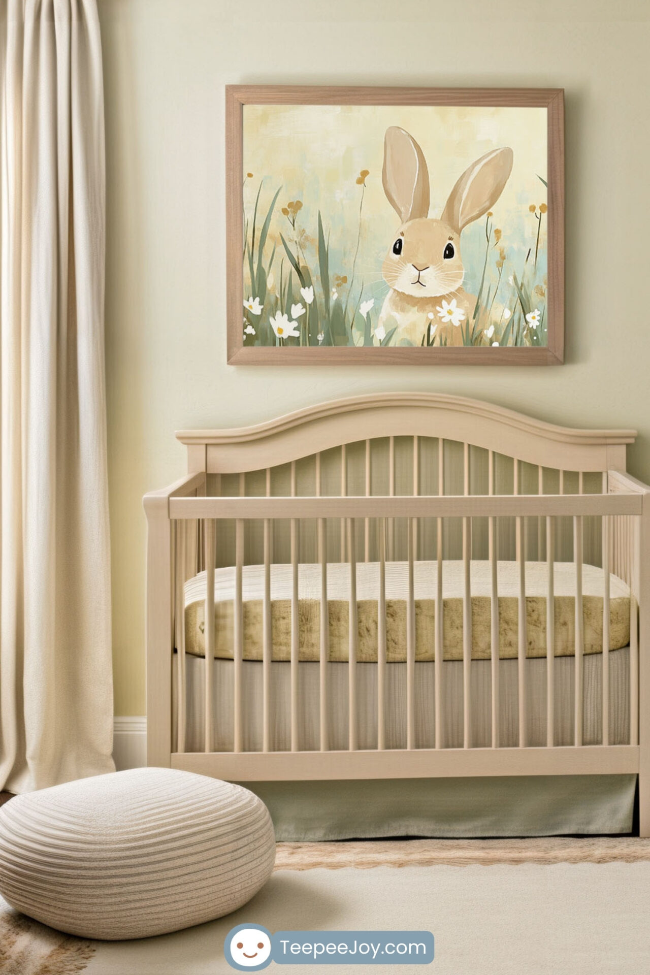 Soft and serene nursery featuring a beige wooden crib with a curved headboard and a plush, velvety mattress in a muted yellow tone. Above the crib, a framed wall art print showcases a charming illustration of a bunny peeking through tall grass and white wildflowers, set against a pastel green and yellow background. The room's natural color palette, flowing cream curtains, and a cozy knitted pouf create a warm and peaceful atmosphere.