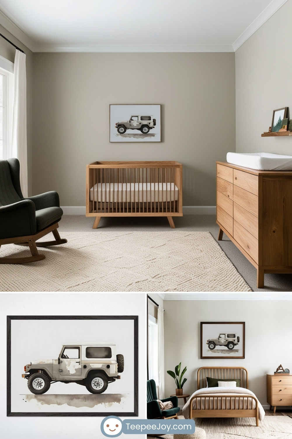 Minimalist, adventure-themed nursery and kids' bedroom featuring a framed watercolor-style illustration of a rugged, vintage off-road vehicle in neutral tones. The nursery has a natural wood crib, a matching dresser with a white changing pad, and a dark green rocking chair, all set against soft beige walls with a textured cream rug. The second bedroom continues the theme with a coordinating framed print, a wooden bed frame, and earthy-toned decor, creating a cozy yet adventurous aesthetic.