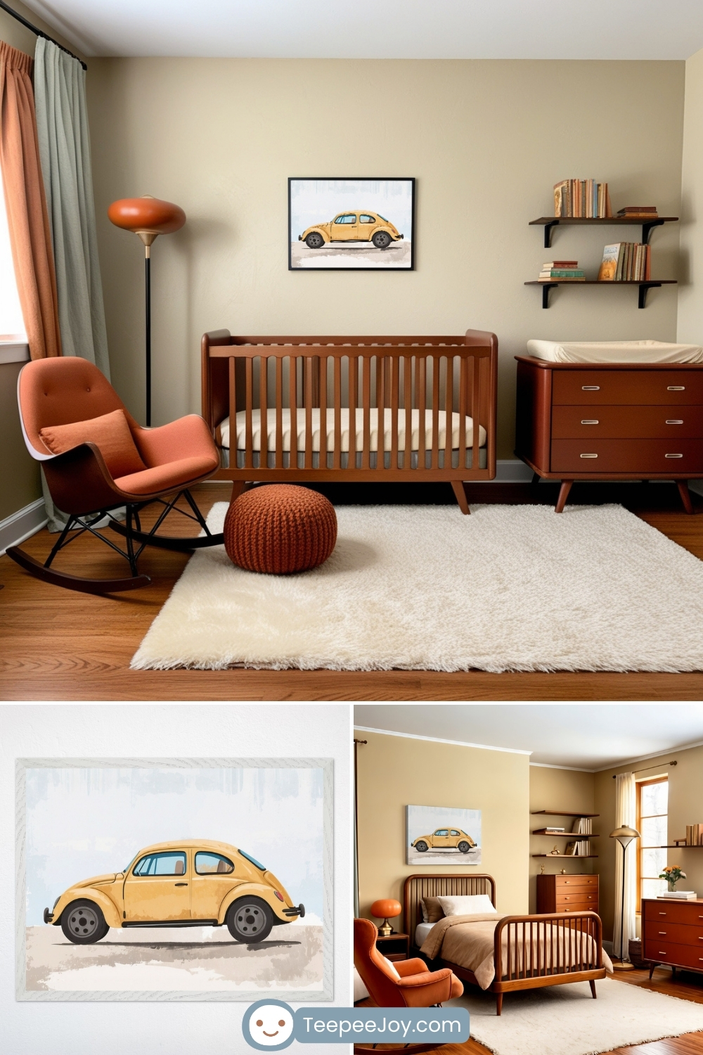 Vintage car-themed nursery and kids' bedroom featuring a framed watercolor-style illustration of a classic yellow Volkswagen Beetle. The nursery has warm, mid-century modern decor, including a wooden crib, a rust-colored rocking chair, and a matching dresser with a changing pad, complemented by a soft cream rug and floating bookshelves. The second bedroom carries the theme with a matching framed print above a wooden bed, a rust-hued accent chair, and a retro-inspired floor lamp, creating a cozy and nostalgic atmosphere.