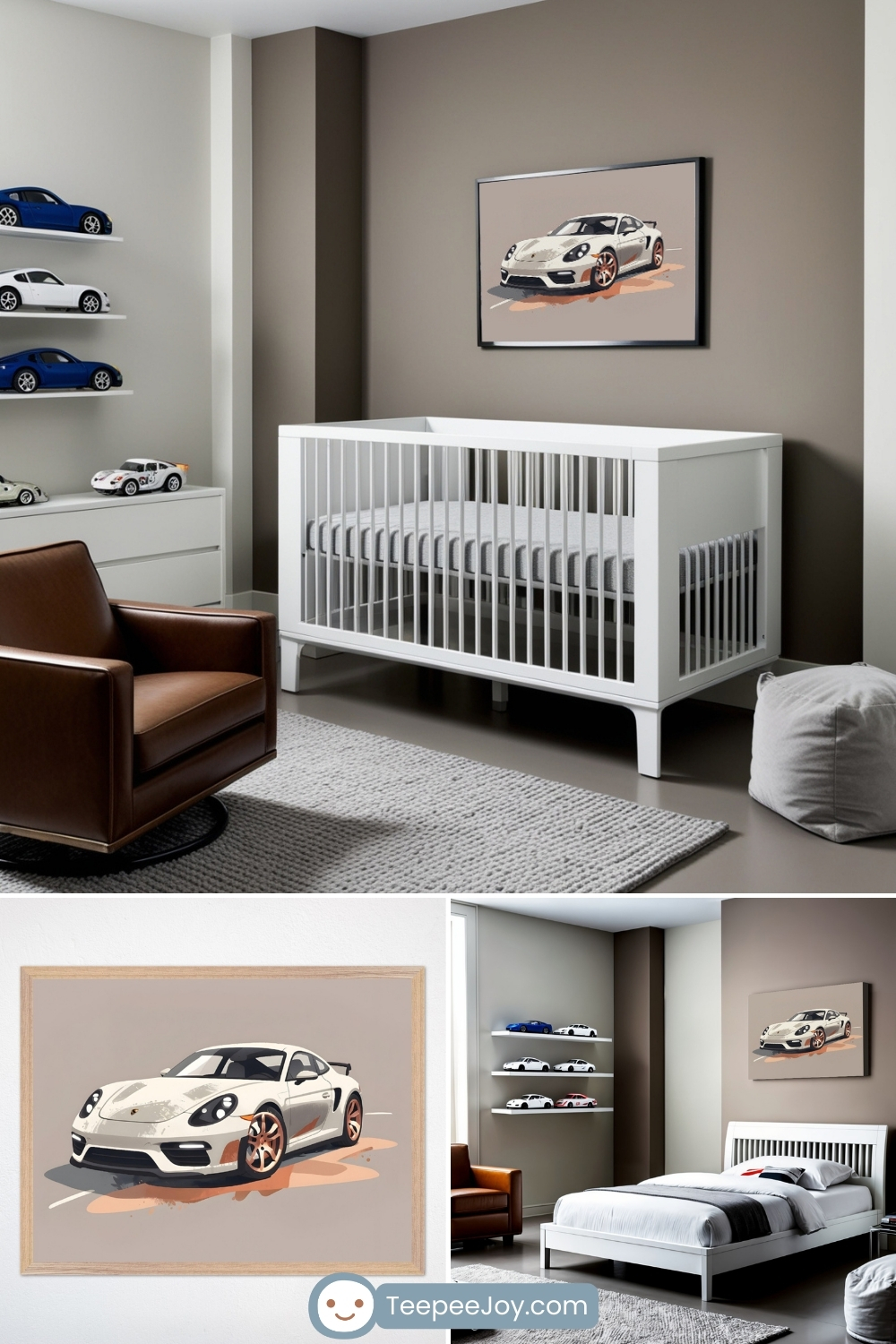Sleek, sports car-themed nursery and kids' bedroom featuring a framed illustration of a white Porsche with bronze wheels. The nursery has a modern aesthetic with a white crib, taupe accent wall, brown leather armchair, and floating shelves displaying model sports cars. The second bedroom continues the automotive theme with a matching framed print above a white bed, neutral bedding, and a clean, minimalist design that enhances the sophisticated yet playful vibe.