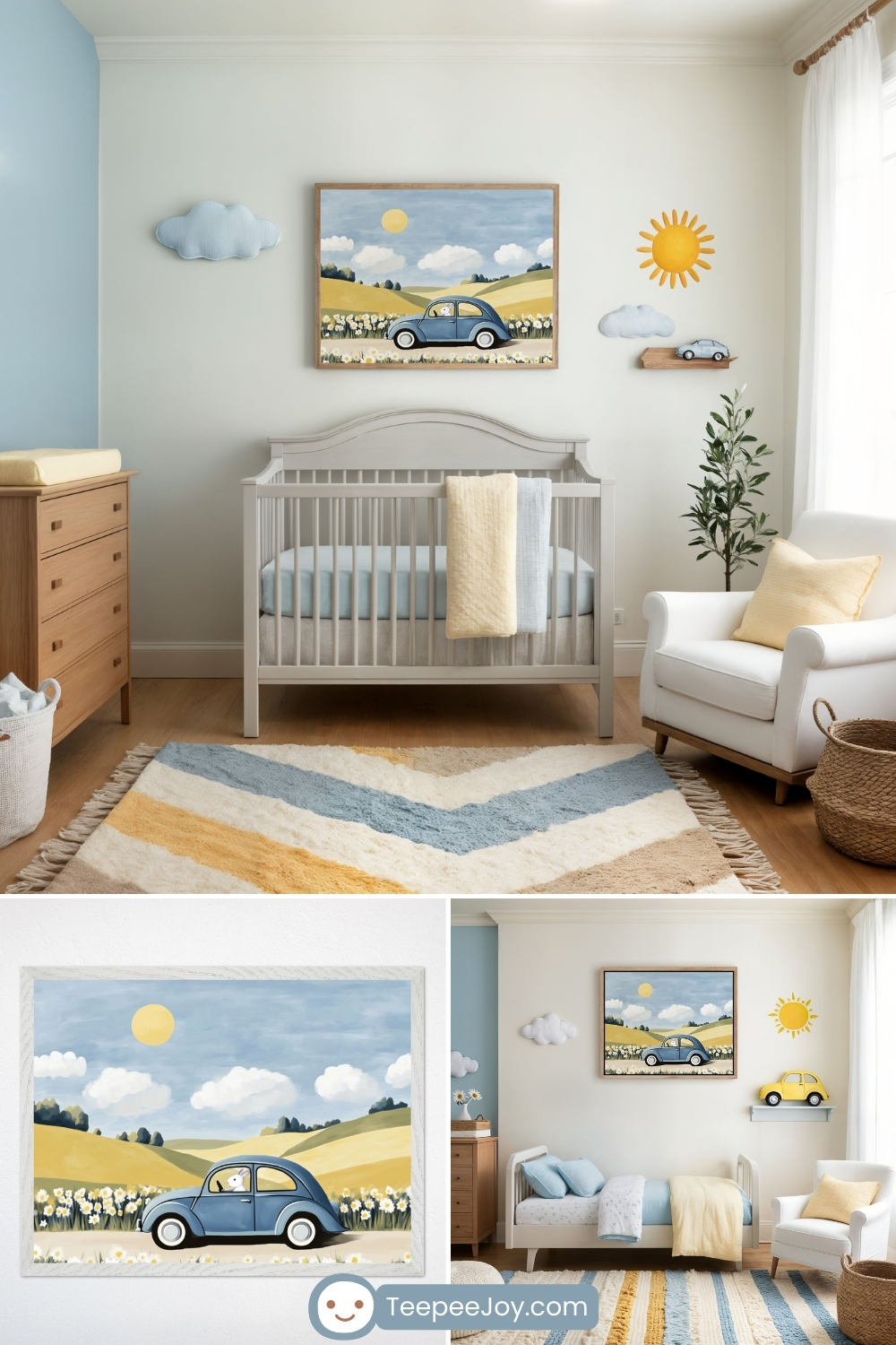 Cheerful, countryside-themed nursery and kids' bedroom featuring a framed painting of a blue vintage car driving through a yellow flower-filled field under a bright sun and blue sky. The nursery has a soft color palette with a gray crib, a wooden dresser, and cozy decor, including cloud and sun wall accents, a white armchair, and a pastel-toned chevron rug. The second bedroom continues the whimsical theme with a matching framed print, a toddler bed with light blue bedding, and playful wall decorations, creating a warm and inviting space.