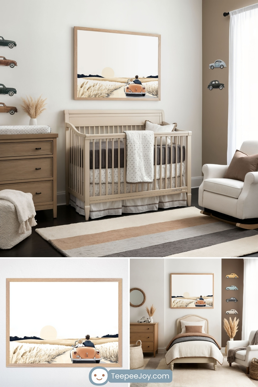 A cozy, neutral-toned nursery with a vintage car theme. A framed artwork above the crib features an illustration of a man driving a classic convertible down a rural road at sunset. The room includes a beige crib, a wooden dresser, a plush rocking chair, and wall decor with miniature car models, creating a warm and nostalgic atmosphere.