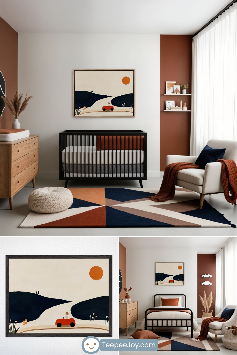 Modern nursery with a warm, earthy color palette featuring a bold, geometric rug and a framed artwork of a minimalist red car driving along a winding road with rolling hills and an orange sun. The room includes a black crib with burnt orange accents, a wooden dresser, a cozy white armchair with a navy pillow and rust-colored throw, and decorative shelves with small framed art. The overall design blends contemporary and retro elements, creating a stylish and inviting space.
