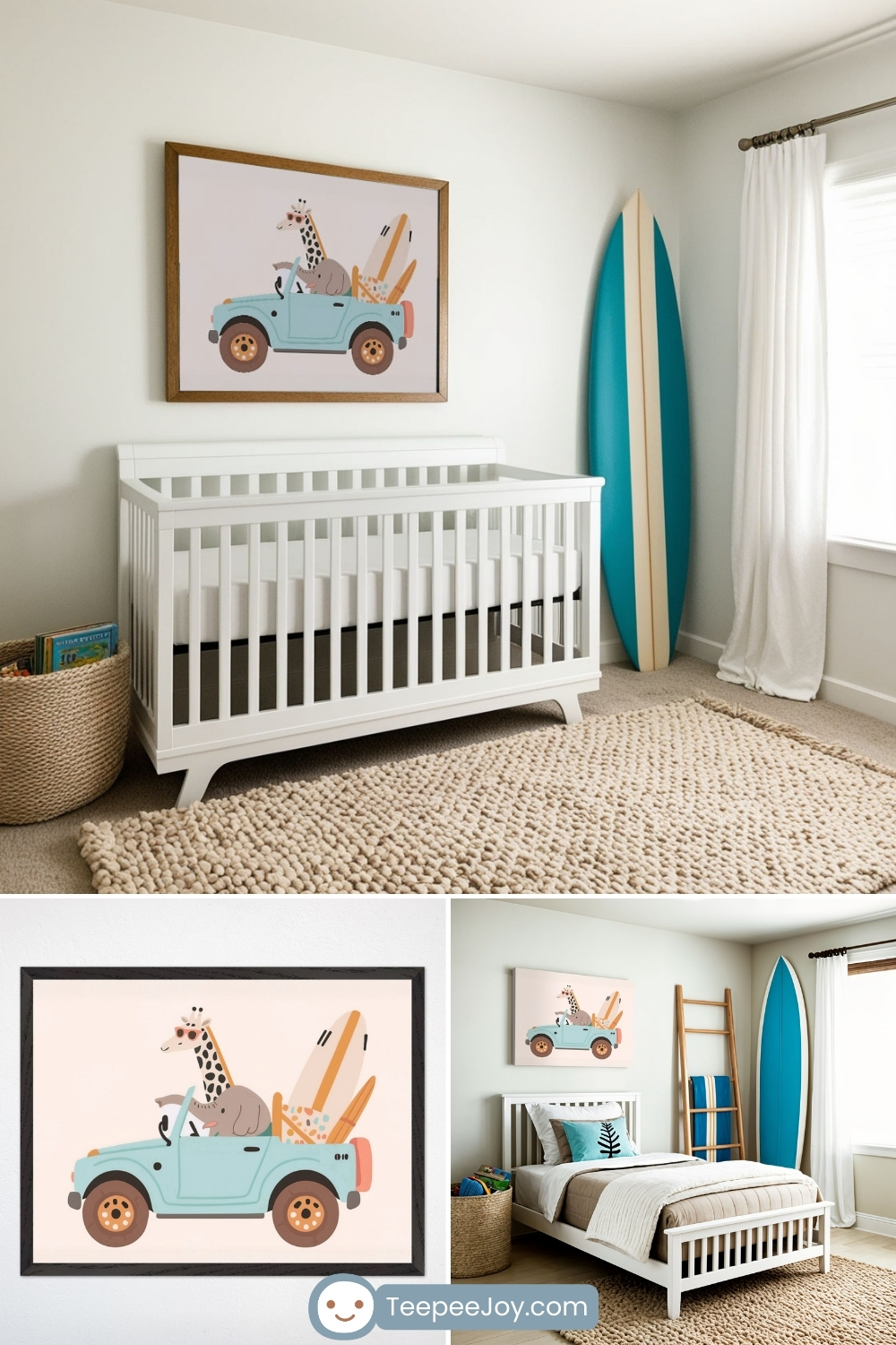 Modern, coastal-themed nursery and kids' bedroom featuring a framed illustration of a giraffe and an elephant riding in a blue jeep with surfboards in the back. The nursery includes a white crib, a woven basket with books, and a textured beige rug, while a tall, blue surfboard leans against the wall. The second room has a white wooden bed with blue and beige bedding, a ladder-style shelf, and a similar framed print. The decor combines neutral tones with ocean-inspired accents, creating a playful yet calming atmosphere.
