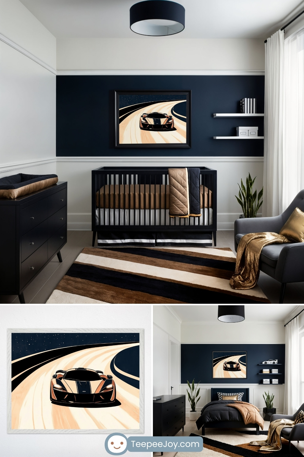 A sleek, modern nursery with a black, navy, and gold color scheme, featuring a striking framed artwork of a luxury sports car racing along a curved track under a starry sky. The room includes a black crib with gold-accented bedding, a matching black dresser, a plush navy armchair with gold throw pillows, and a geometric striped rug in coordinating tones. Minimalist floating shelves and greenery add a refined touch, creating a stylish and sophisticated space.