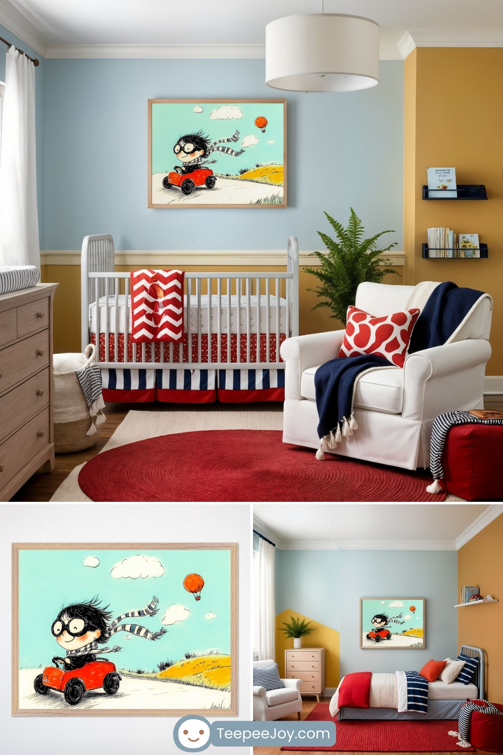 A vibrant nursery with a playful red, blue, and yellow color scheme featuring a framed artwork of a whimsical child with glasses and a striped scarf driving a small red car along a winding road, with a hot air balloon floating in the sky. The room includes a white crib with red and blue bedding, a cozy white armchair with red and navy accent pillows, and a round red rug adding warmth. Wooden furniture, floating bookshelves, and a large green plant complete the cheerful and adventurous atmosphere.