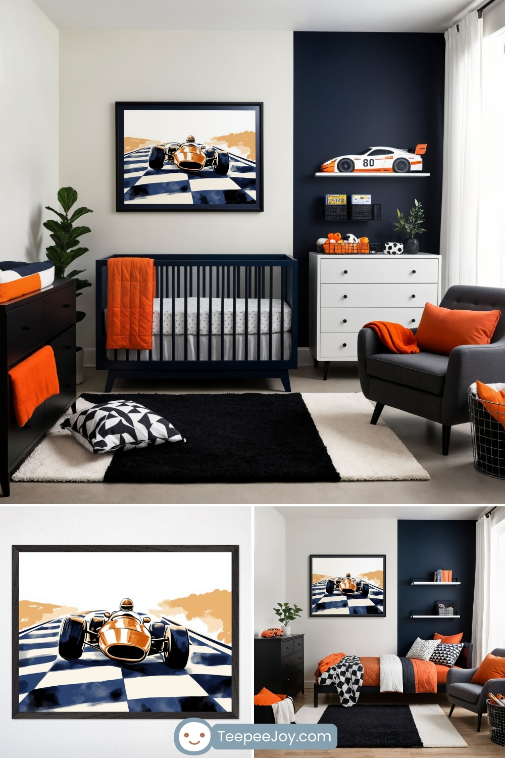 Bold, race car-themed nursery featuring a striking framed artwork of a vintage race car speeding across a black-and-white checkered track with golden hues in the background. The room is decorated in a navy, black, white, and orange color scheme, with a navy crib, a black dresser, and a modern gray armchair accented with orange pillows and blankets. A sleek white dresser with floating shelves displaying race car-themed decor and a black-and-white geometric rug complete the energetic and stylish space.