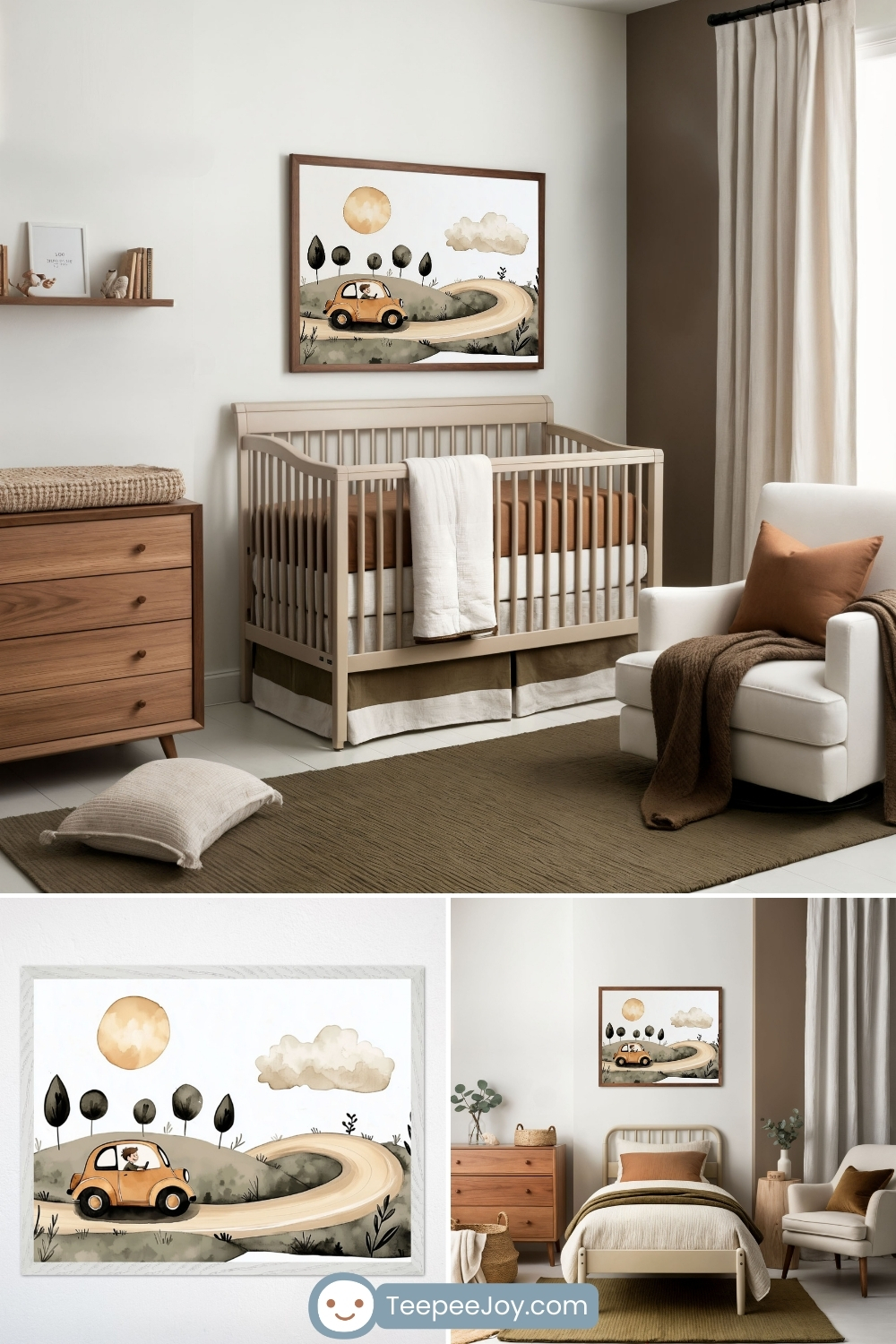 Nature-inspired nursery with earthy tones, featuring a framed artwork of a whimsical yellow car driving along a winding dirt road, surrounded by rolling hills, trees, and a golden sun. The room includes a beige crib with warm brown bedding, a wooden dresser, and a soft white armchair with a brown throw blanket and matching pillow. Neutral decor, a woven rug, and soft textiles create a soothing and timeless space.