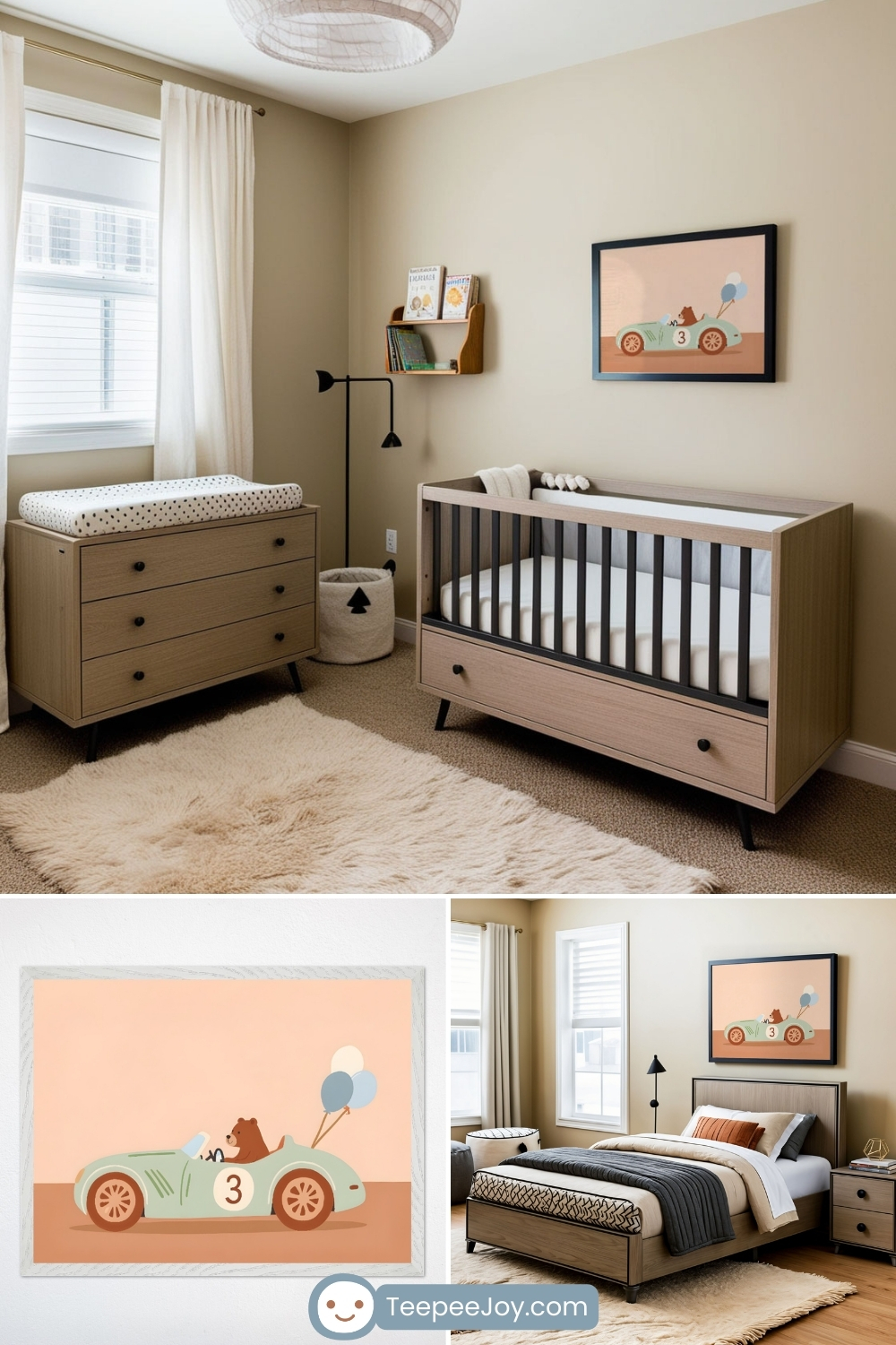 Neutral-toned nursery and kids' bedroom featuring a framed illustration of a bear and a smaller animal riding in a vintage green race car with the number 3 on the side, decorated with floating balloons. The nursery has a modern wooden crib with black railings, a matching dresser with a polka-dotted changing pad, and a cozy sheepskin rug. The second bedroom features a coordinating framed print above a contemporary wooden bed with beige, black, and rust-colored bedding, complemented by soft lighting and minimalist decor.