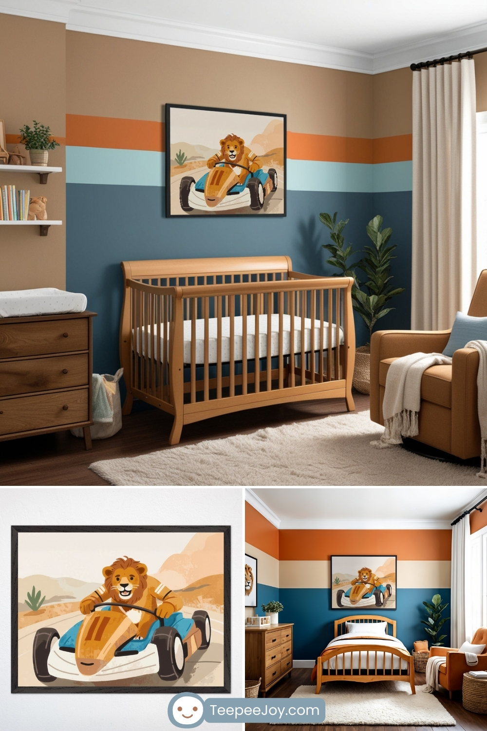 Vibrant, race car-themed nursery and kids' bedroom featuring a framed illustration of a lion driving a go-kart through a desert landscape. The nursery has a wooden crib, matching dresser, and a cozy mustard-colored rocking chair, set against a bold accent wall with horizontal stripes in navy, beige, and burnt orange. The second bedroom mirrors the theme with a matching framed print, a wooden twin bed, and warm-toned decor, creating an adventurous and playful atmosphere.