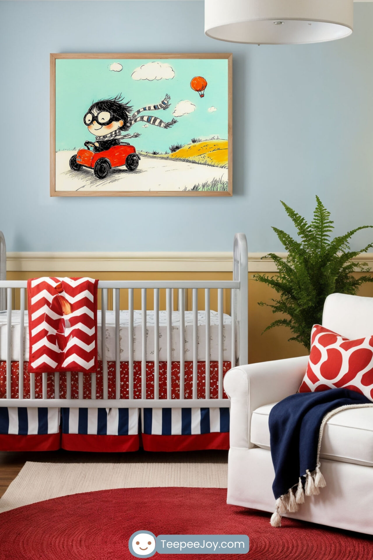 Vibrant nursery featuring playful car adventure wall art