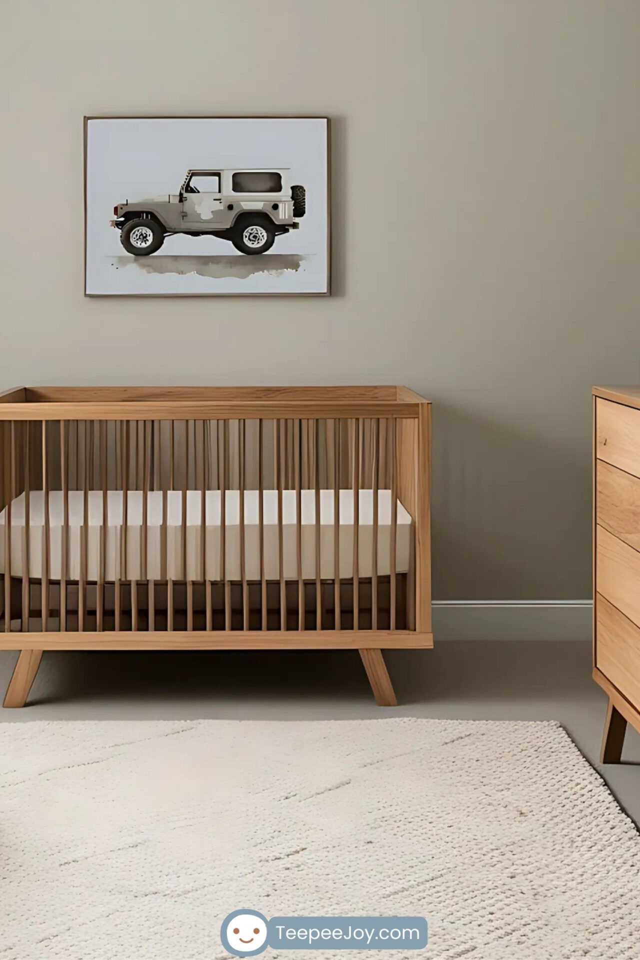 Minimalist nursery with sage green walls and natural wooden furniture, including a crib, a changing table, and a dark green upholstered rocking chair. A framed illustration of a rugged off-road vehicle hangs above the crib, adding a touch of adventure to the space. The room features a textured beige rug, simple decor on floating shelves, and neutral curtains that create a calm and understated atmosphere.
