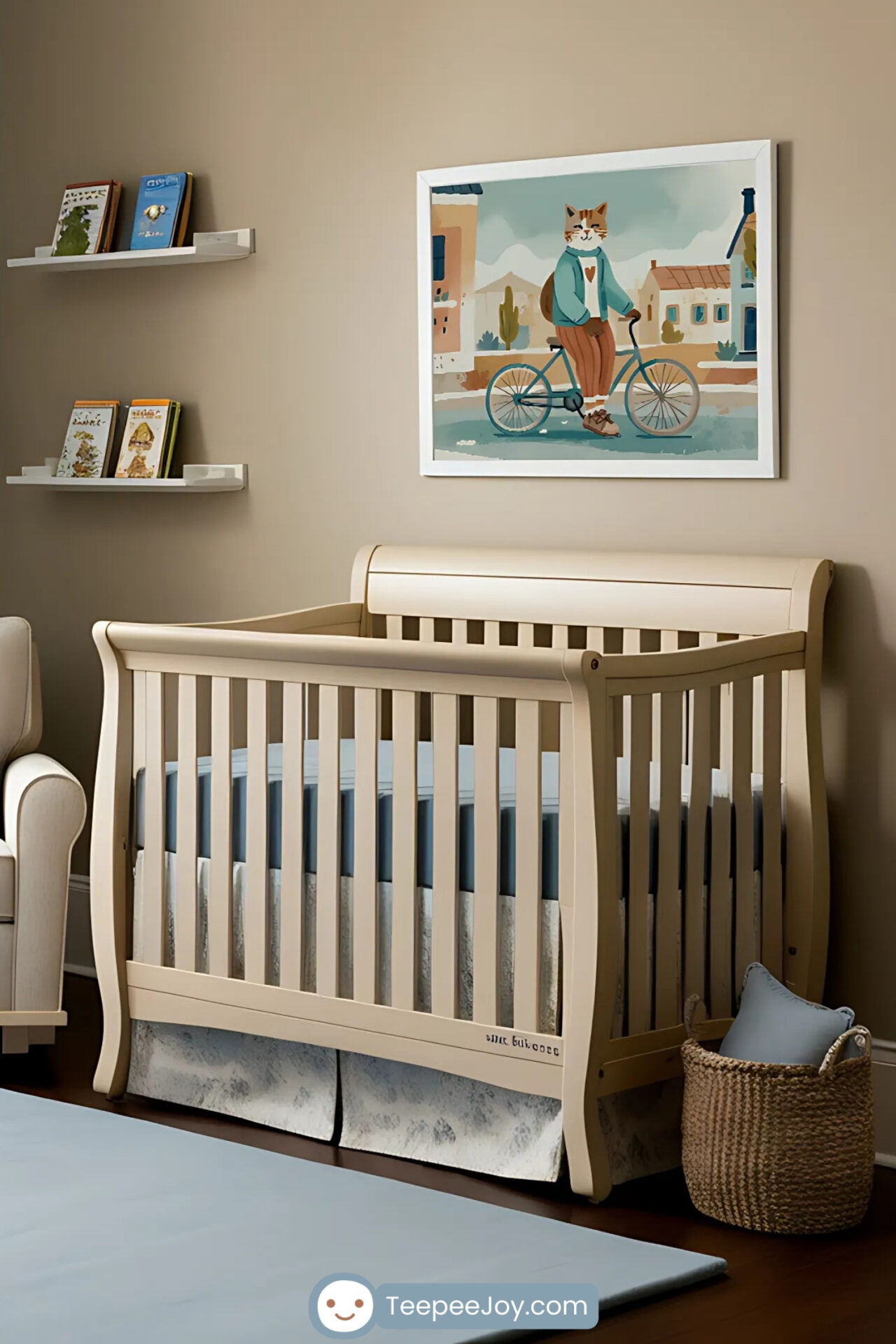 Charming nursery with a neutral beige and blue color scheme featuring a cozy beige armchair, a matching ottoman with a blue throw blanket, and a crib with a patterned bed skirt. Above the crib hangs a playful artwork of a cat riding a bicycle in a quaint village scene, adding a whimsical touch to the room. Shelves holding books and decor complete the warm and inviting space.