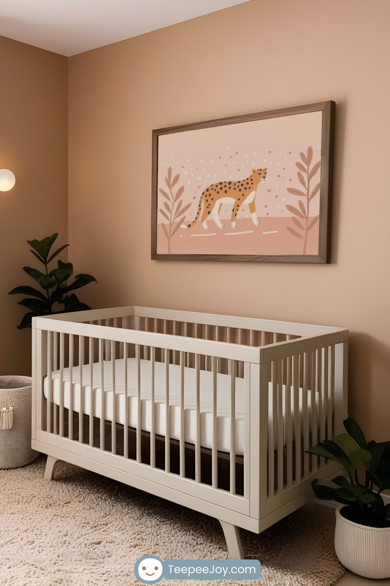 A serene nursery with warm beige walls, featuring a minimalist crib and a framed cheetah illustration with soft pink tones above. The room includes a plush cream-colored rug, light flowing curtains, and potted plants for a natural touch. A woven basket adds texture, while soft lighting creates a cozy atmosphere.