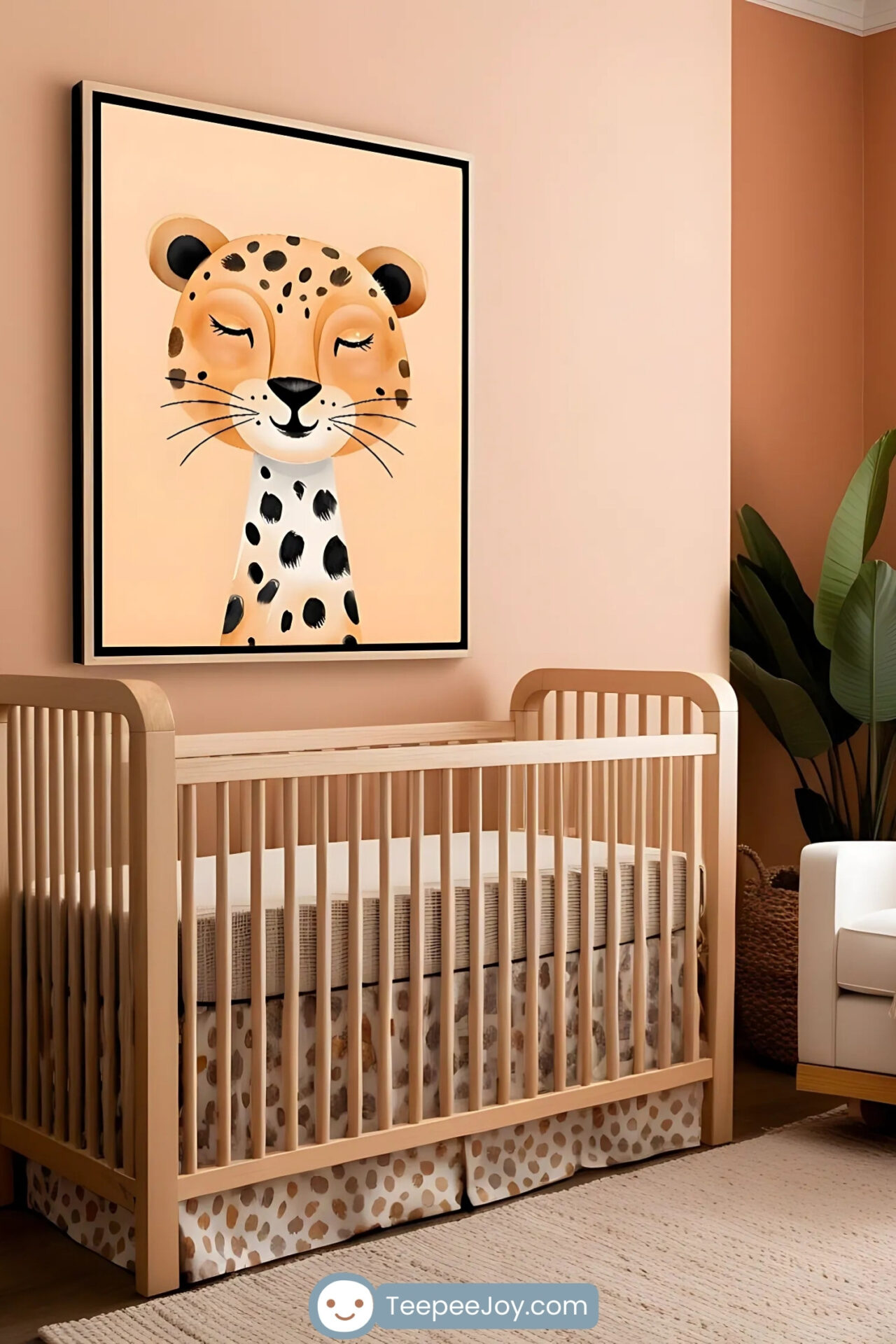 This image captures a cozy nursery with warm peach walls and natural decor. The focal point is a framed illustration of a smiling leopard with a golden coat and black spots, hung above a light wood crib with matching spotted bedding. The space also features a plush armchair with a beige throw, a woven ottoman, and a tall leafy plant, creating a harmonious and inviting environment for a baby.