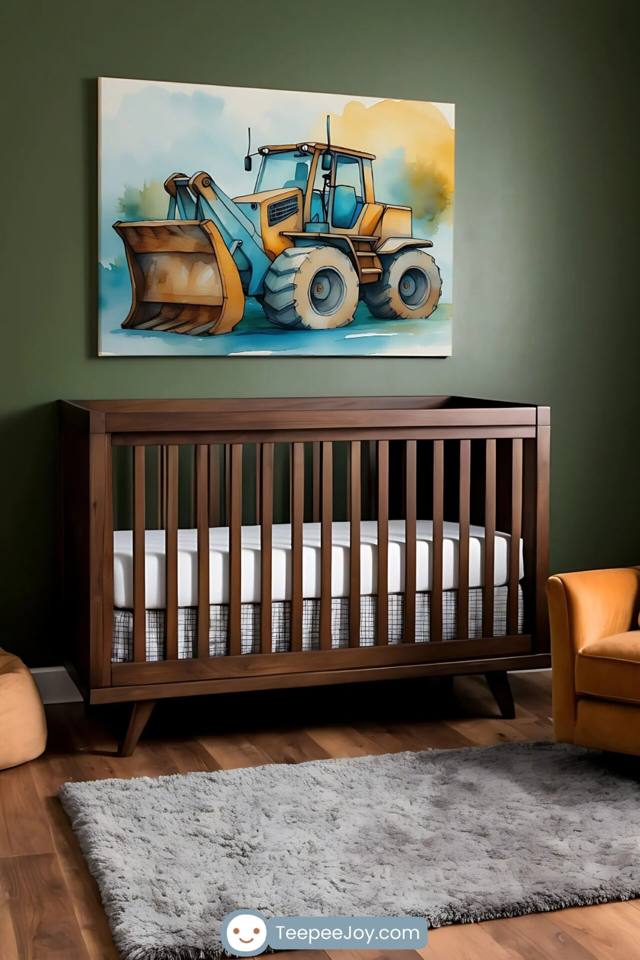 Nursery features a deep green wall and a wooden crib with clean lines and a white mattress. Above the crib hangs a colorful painting of a front loader construction vehicle, done in a playful, watercolor style. The room is finished with a soft gray rug, wood flooring, and a mustard yellow armchair, creating a warm and inviting space for a child.