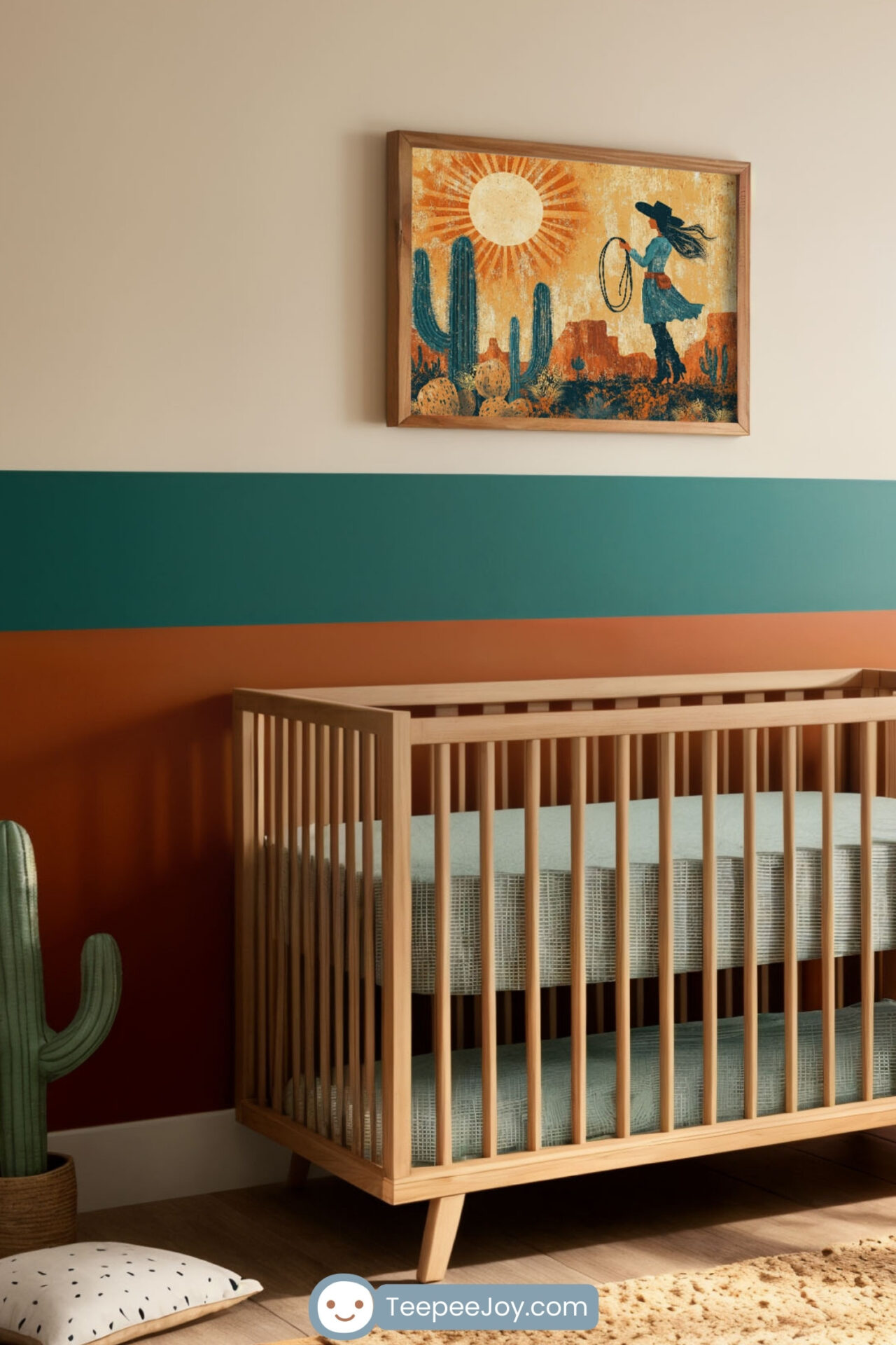 This image displays a stylish western-themed nursery with warm, earthy tones and desert-inspired decor. A framed illustration of a cowgirl with a lasso in a vibrant desert landscape serves as the focal point above a natural wood crib. The room includes orange and teal accents, a cactus-shaped decor piece, and a cozy rocking chair with patterned pillows. A textured jute rug and soft natural light complete the inviting and adventurous design.