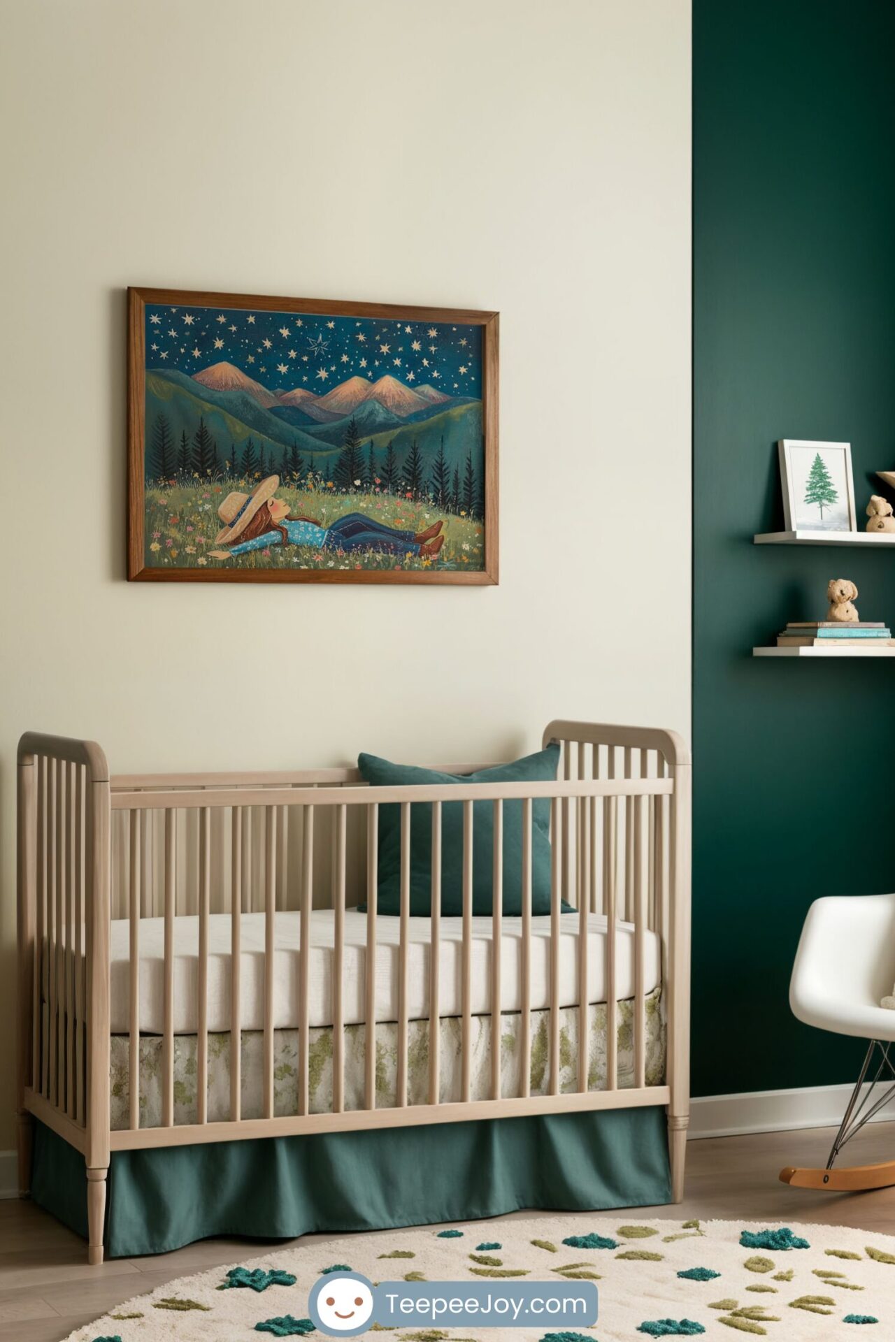 This image features a cozy and rustic nursery with a nature-inspired theme. A framed artwork of a cowgirl relaxing in a meadow under a starry sky and mountains hangs above a light wooden crib adorned with green bedding. The room includes a deep green accent wall with floating shelves displaying woodland-themed decor and books, a white rocking chair with a star pillow, and a textured rug with leaf patterns, creating a warm and peaceful atmosphere.