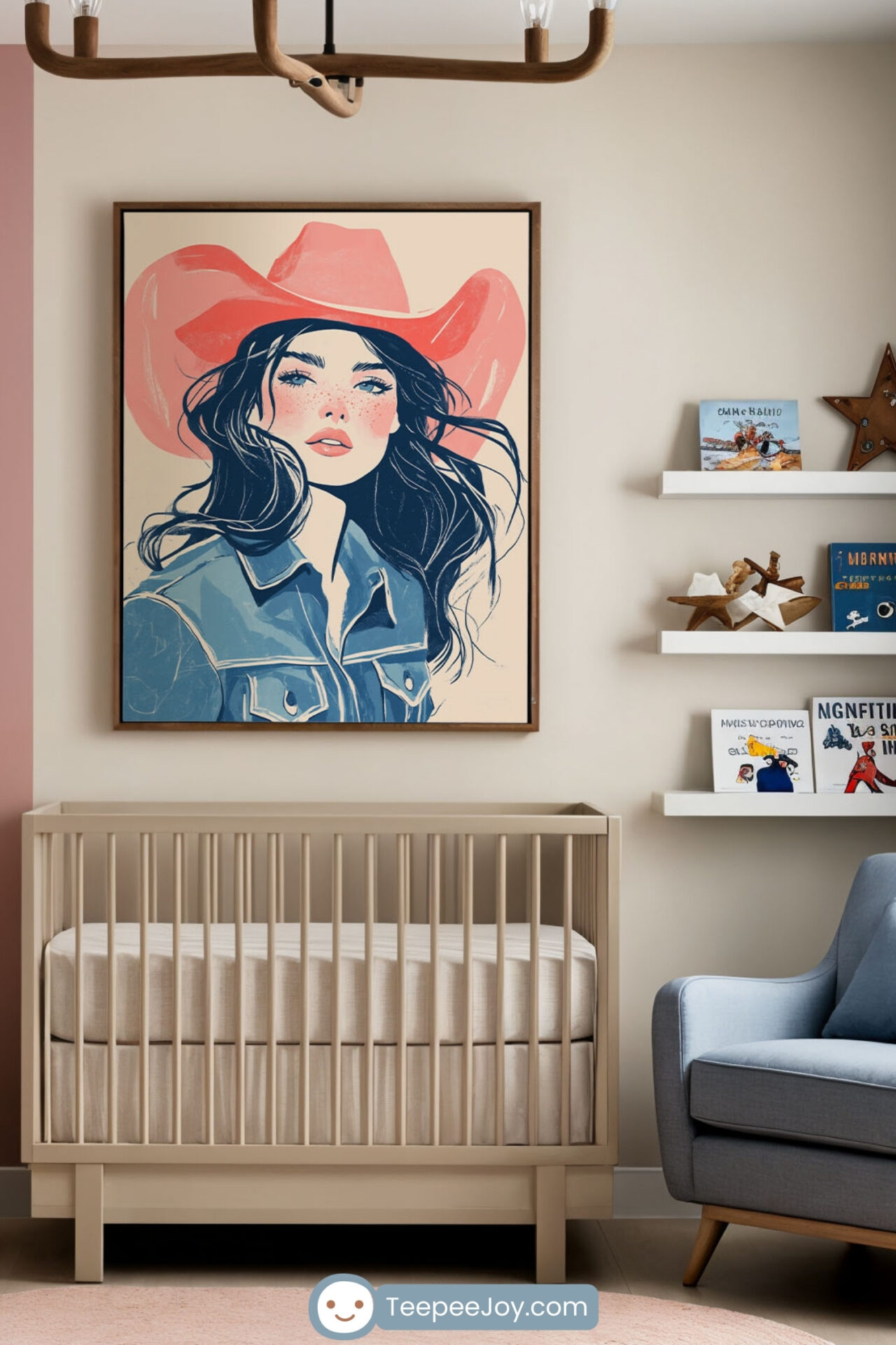 The nursery image showcases a warm and chic western-themed design featuring a bold portrait of a young woman in a pink cowboy hat and denim jacket as the focal wall art. The room is accented with muted pink and cream tones, complemented by modern furniture, a cozy blue armchair, and shelves displaying books and star decor, creating a soft yet adventurous vibe.