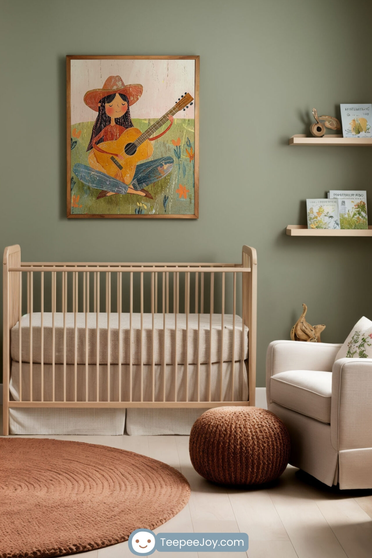 This nursery room showcases a cowgirl-themed decor with a central artwork of a cheerful cowgirl playing a guitar in a flower-filled field. The green accent wall complements the earthy tones of the painting, while wooden furniture and a plush round rug enhance the cozy and rustic aesthetic. Accents like a hanging miniature guitar and nature-inspired books add to the charming Western ambiance, perfect for a child's space.