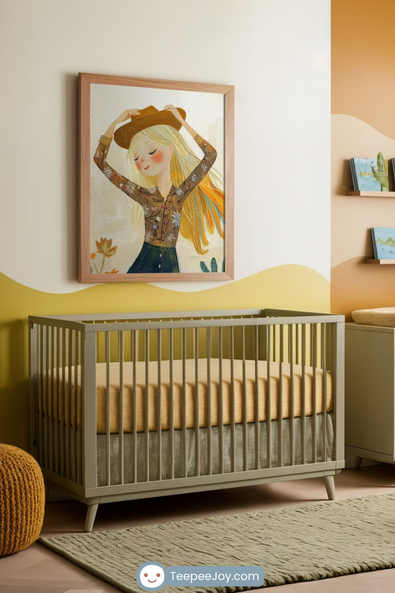 This nursery features a cozy and playful design with a western-inspired aesthetic. The wall art showcases a smiling young girl with golden hair adjusting her cowboy hat, surrounded by floral accents. Warm yellow and orange tones on the walls, paired with soft, neutral furniture and cactus-themed decor, create a cheerful and inviting space for a baby.