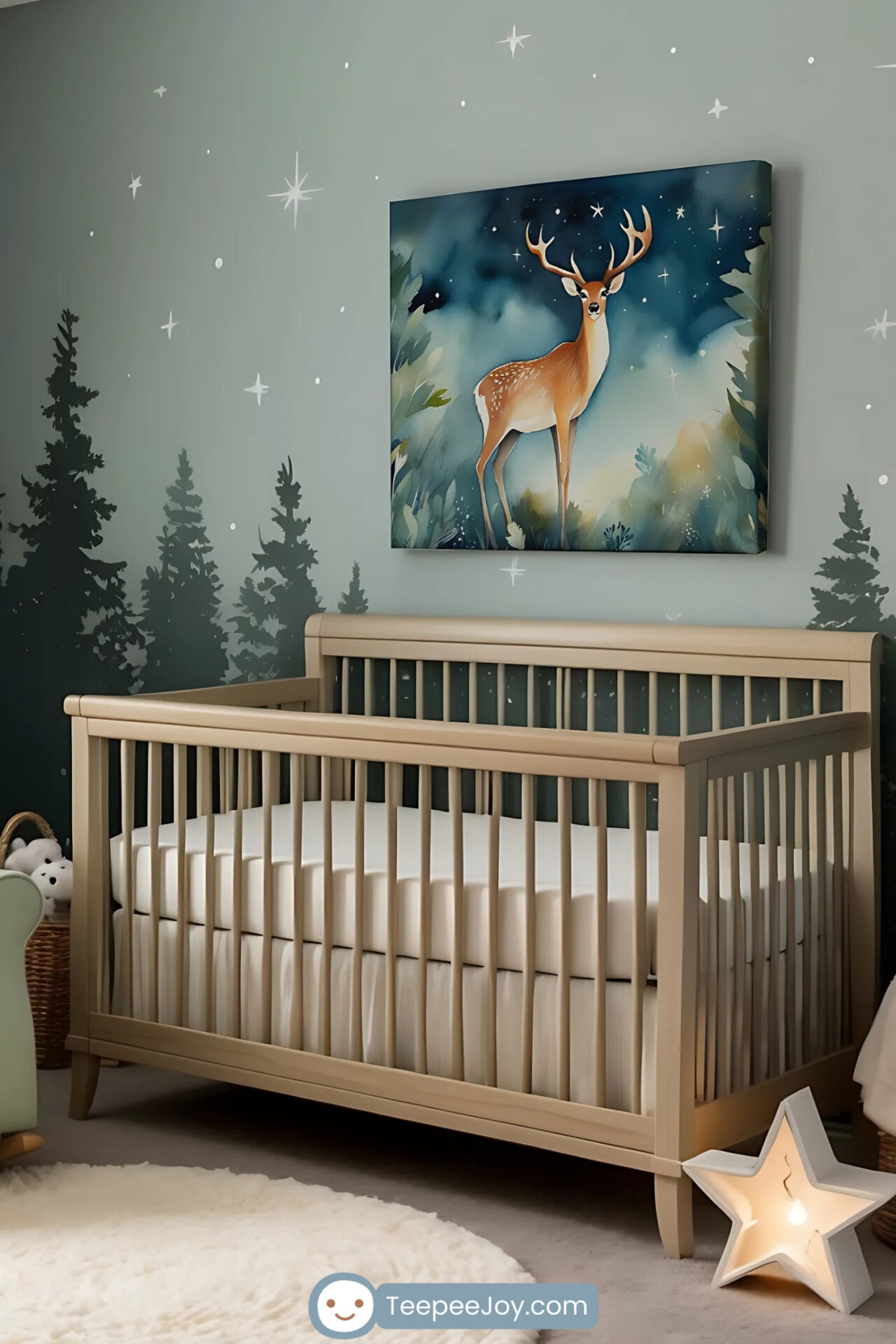 Woodland-themed nursery featuring a light wood crib against a forest green wall mural with pine trees and twinkling stars. Above the crib hangs a serene painting of a deer in a dreamy night forest, adding to the peaceful, nature-inspired vibe. A glowing star-shaped nightlight rests on the floor, adding a gentle warmth to the room.