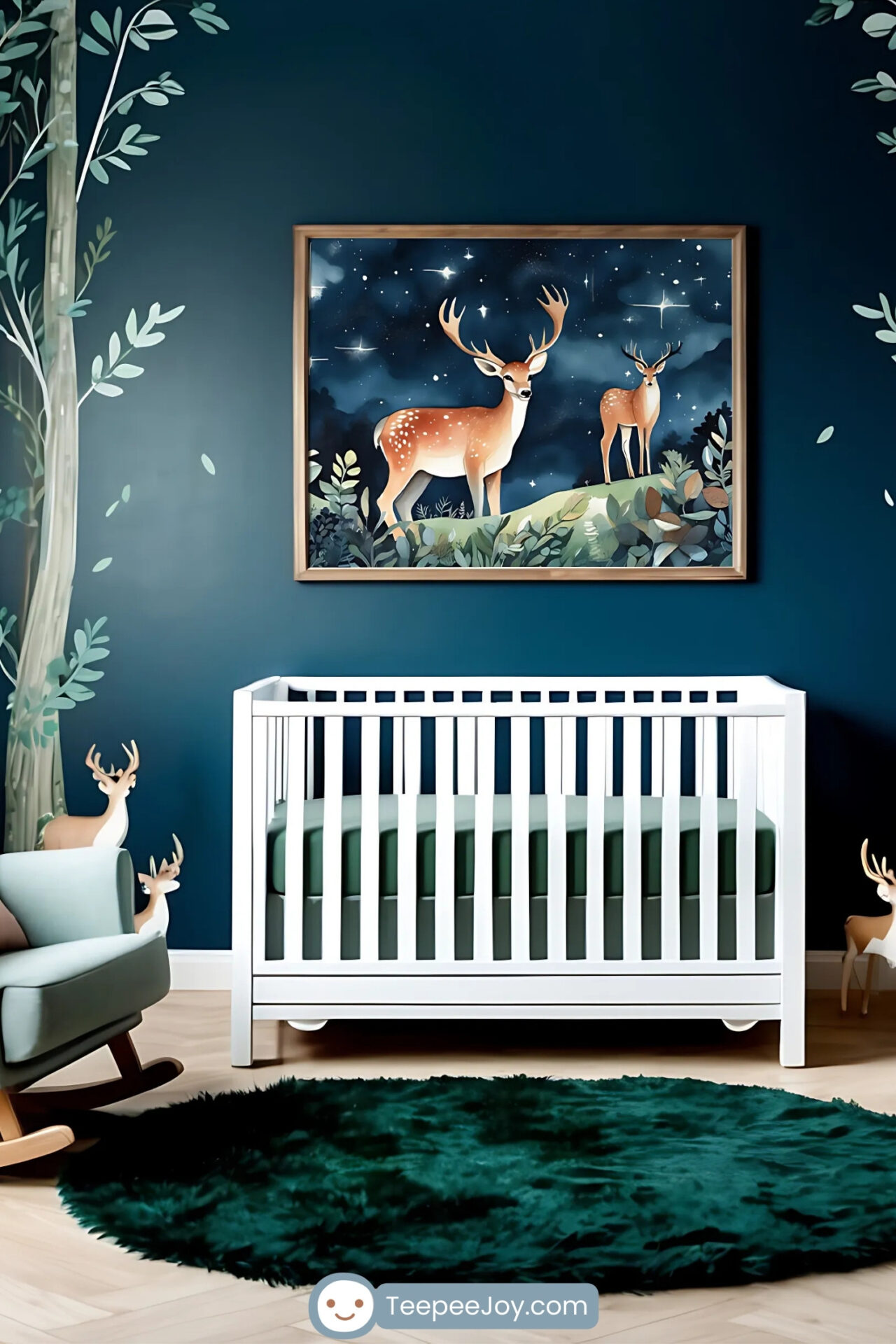 Woodland-themed nursery featuring a white crib with green bedding, a plush dark green rug, and forest-inspired wall art of two deer under a starry night sky. The deep teal walls are decorated with tree and foliage decals, and deer figurines are tucked around the room for a charming forest vibe.
