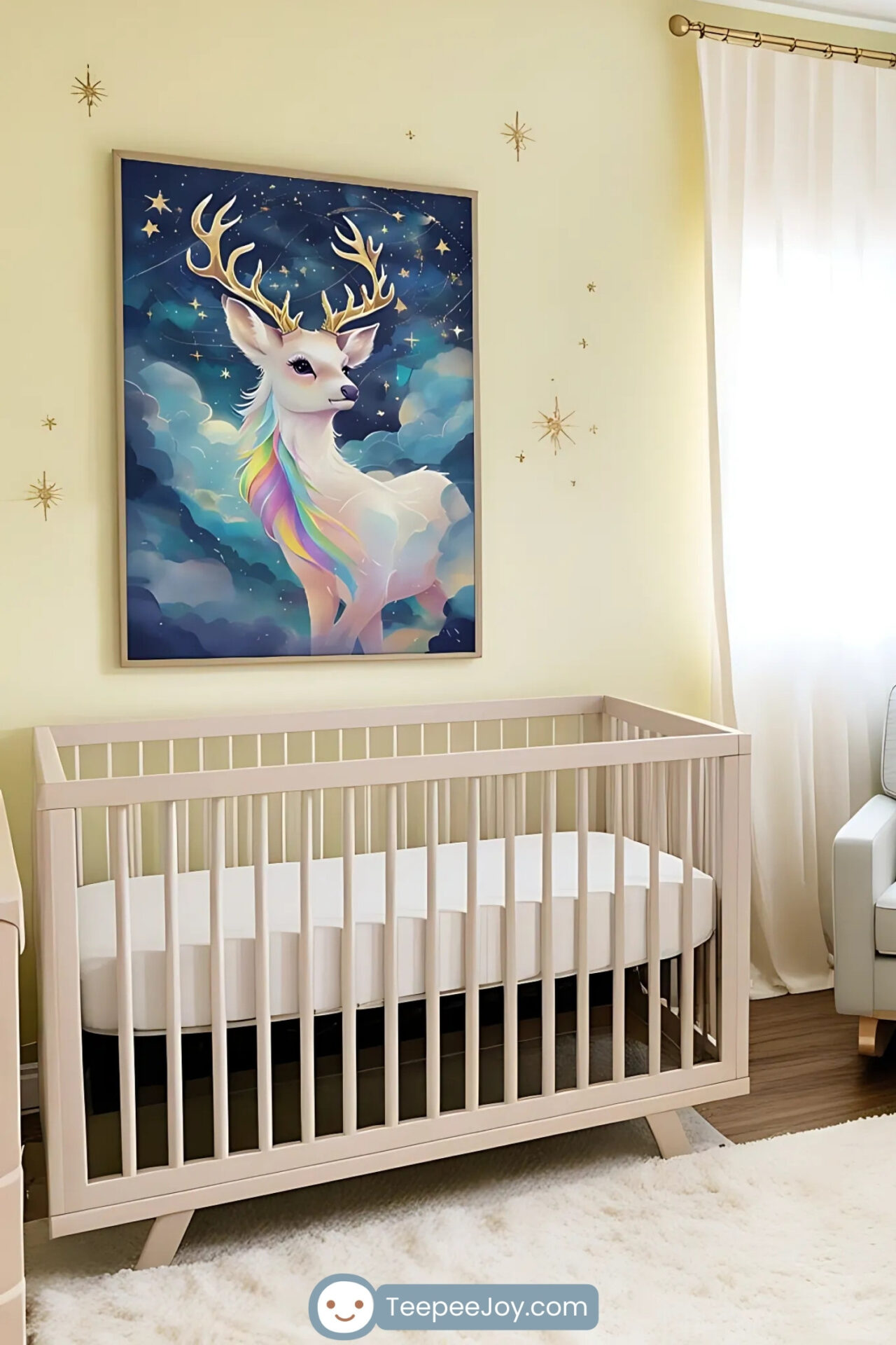 This image showcases a soft, woodland-themed nursery with pale yellow walls adorned with golden star decals. A beige crib is positioned beneath a framed celestial artwork of a magical deer with golden antlers and a rainbow mane, creating a serene focal point. The room features a light blue armchair with a deer-themed pillow, a natural wood dresser with a changing station, a bookshelf filled with children’s books, and airy white curtains, completing the cozy and enchanting atmosphere.