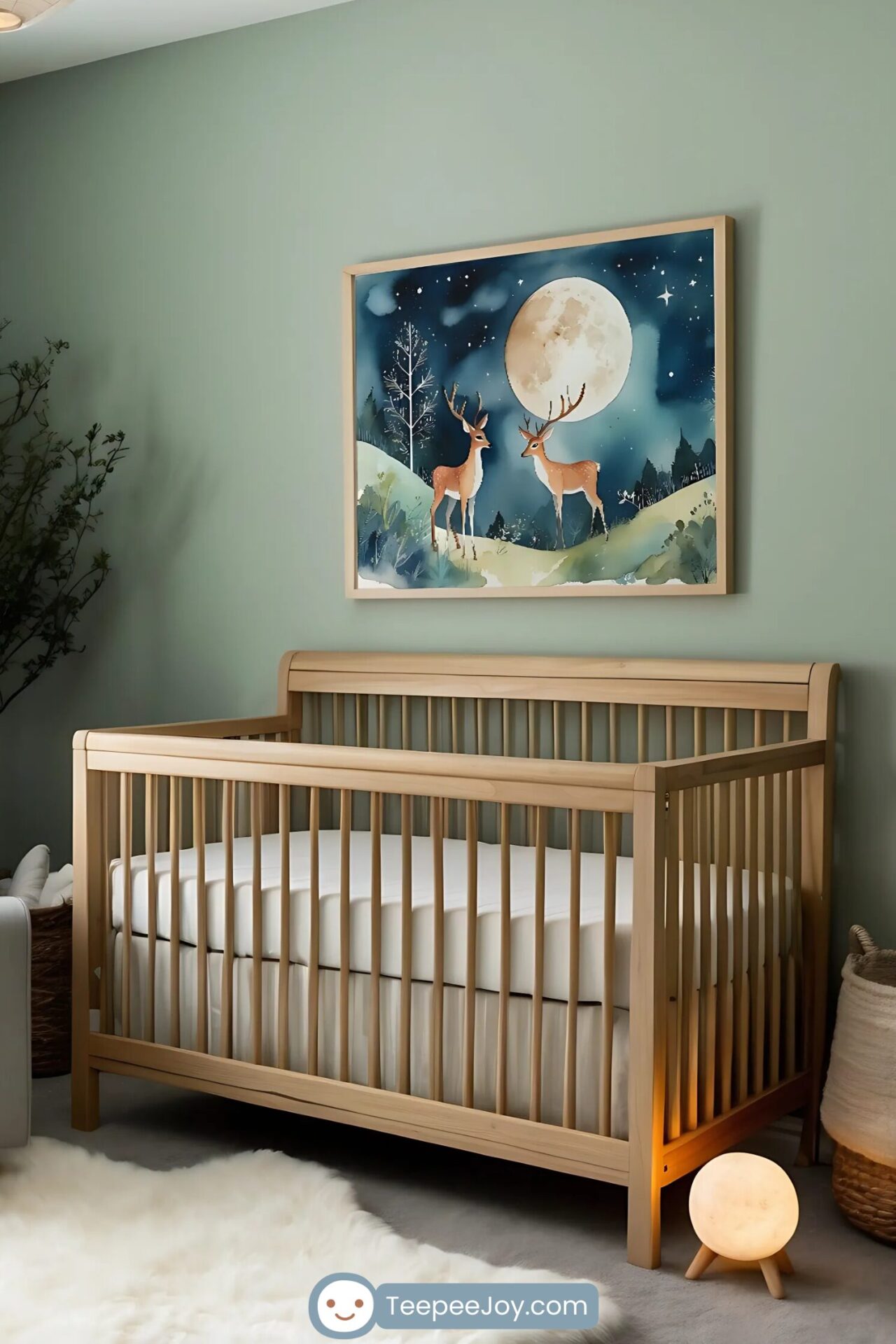 Serene woodland-themed nursery with a soft sage green wall, featuring a natural wood crib and cozy decor. Above the crib, a framed painting depicts two deer standing on a moonlit hillside under a starry night sky, adding a dreamy and peaceful atmosphere. The room is styled with a plush white rug, a small glowing moon-shaped lamp, woven storage baskets, and subtle greenery, creating a calming nature-inspired space.
