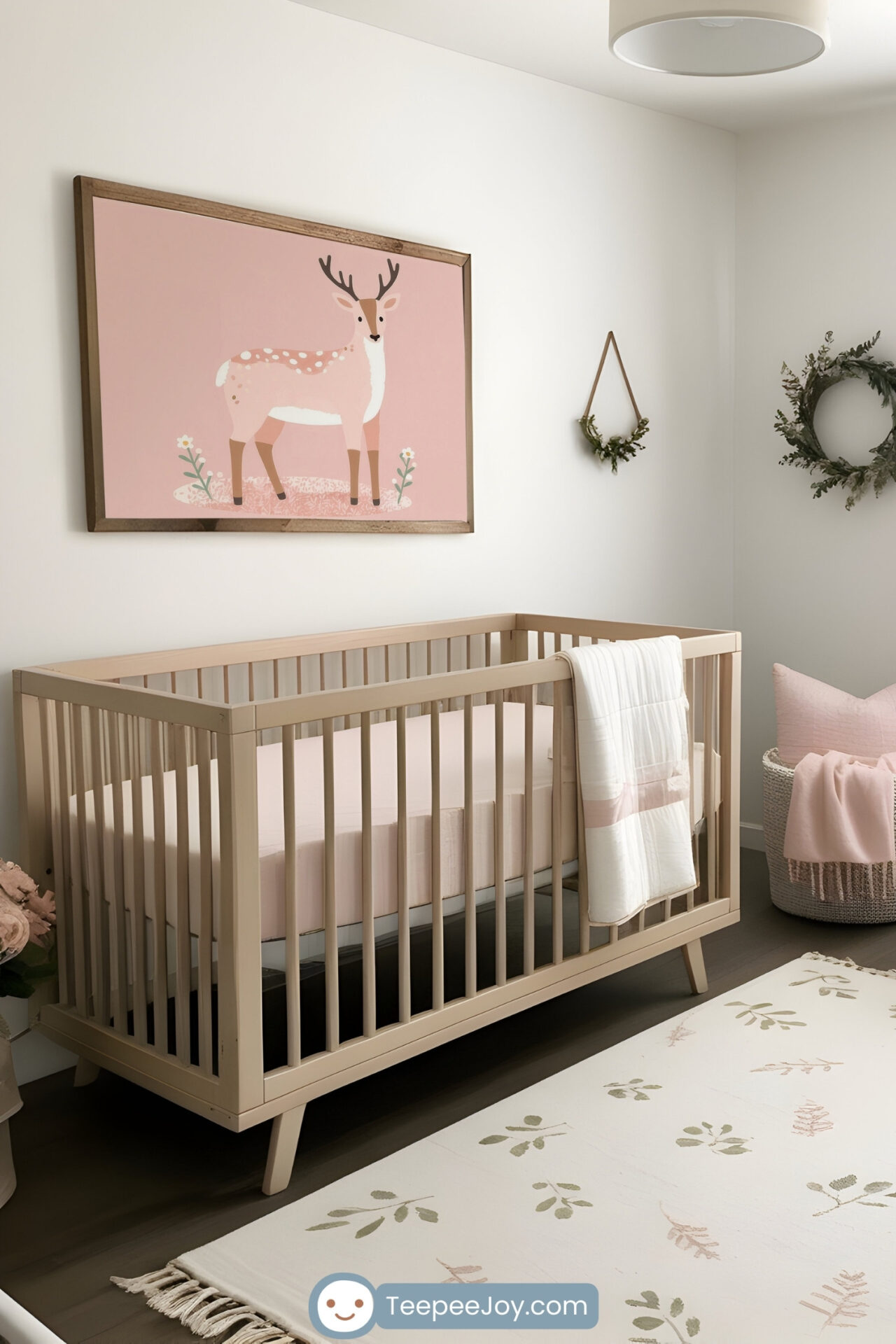 A serene nursery featuring a soft pink and white deer illustration hanging above a natural wood crib with matching pale pink bedding. The space is accented with woven baskets, a cozy pink throw pillow, greenery wreaths, and a cream rug with subtle botanical patterns, creating a calm and welcoming atmosphere.