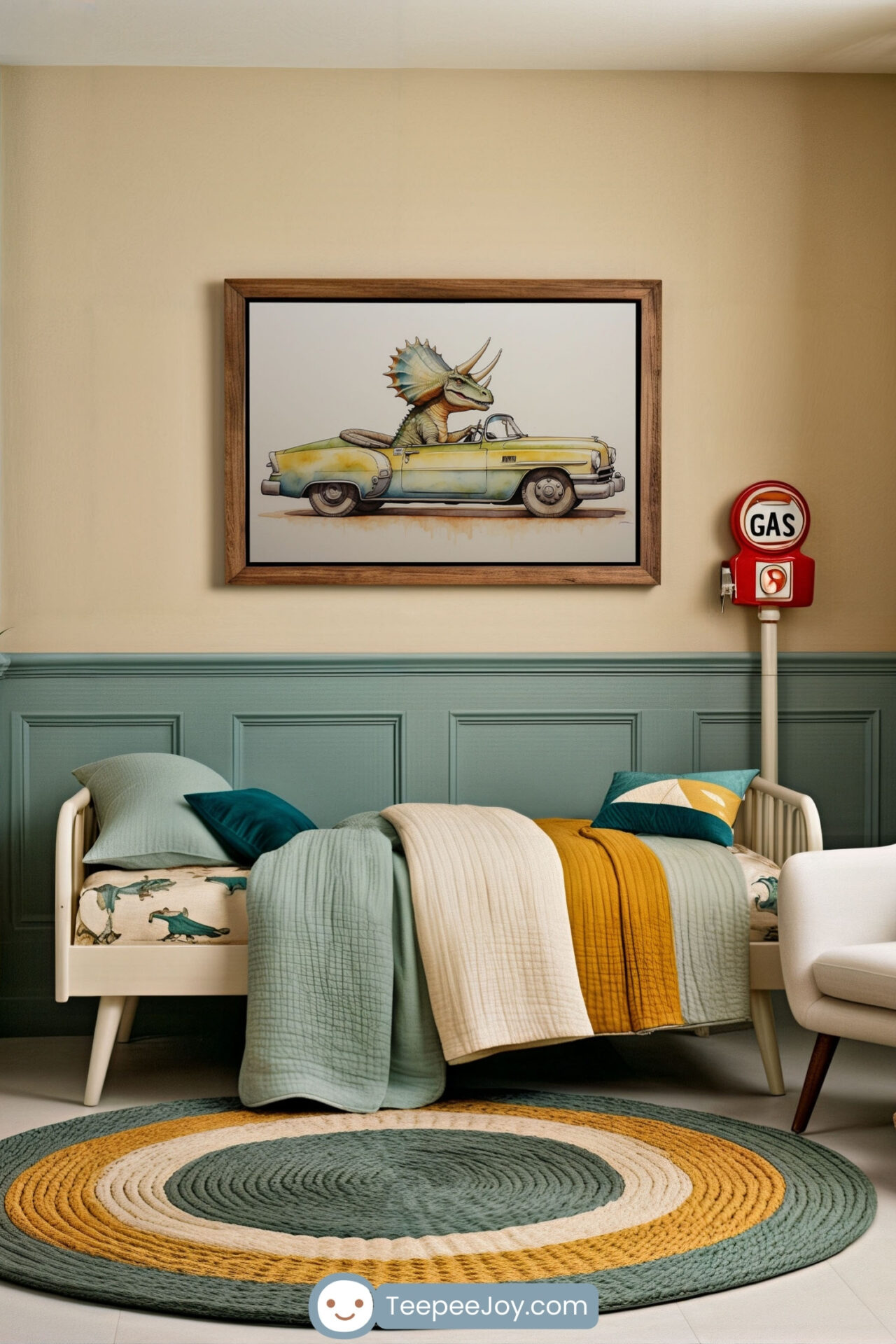 Whimsical kids' room features a framed artwork of a triceratops driving a vintage yellow convertible, blending prehistoric charm with retro vibes. The space includes a cozy bed with dinosaur-print side panels, color-blocked quilts in mustard, sage, and cream, and a round woven rug that echoes the room’s color palette. A vintage-style red gas pump accent adds to the playful, nostalgic theme.