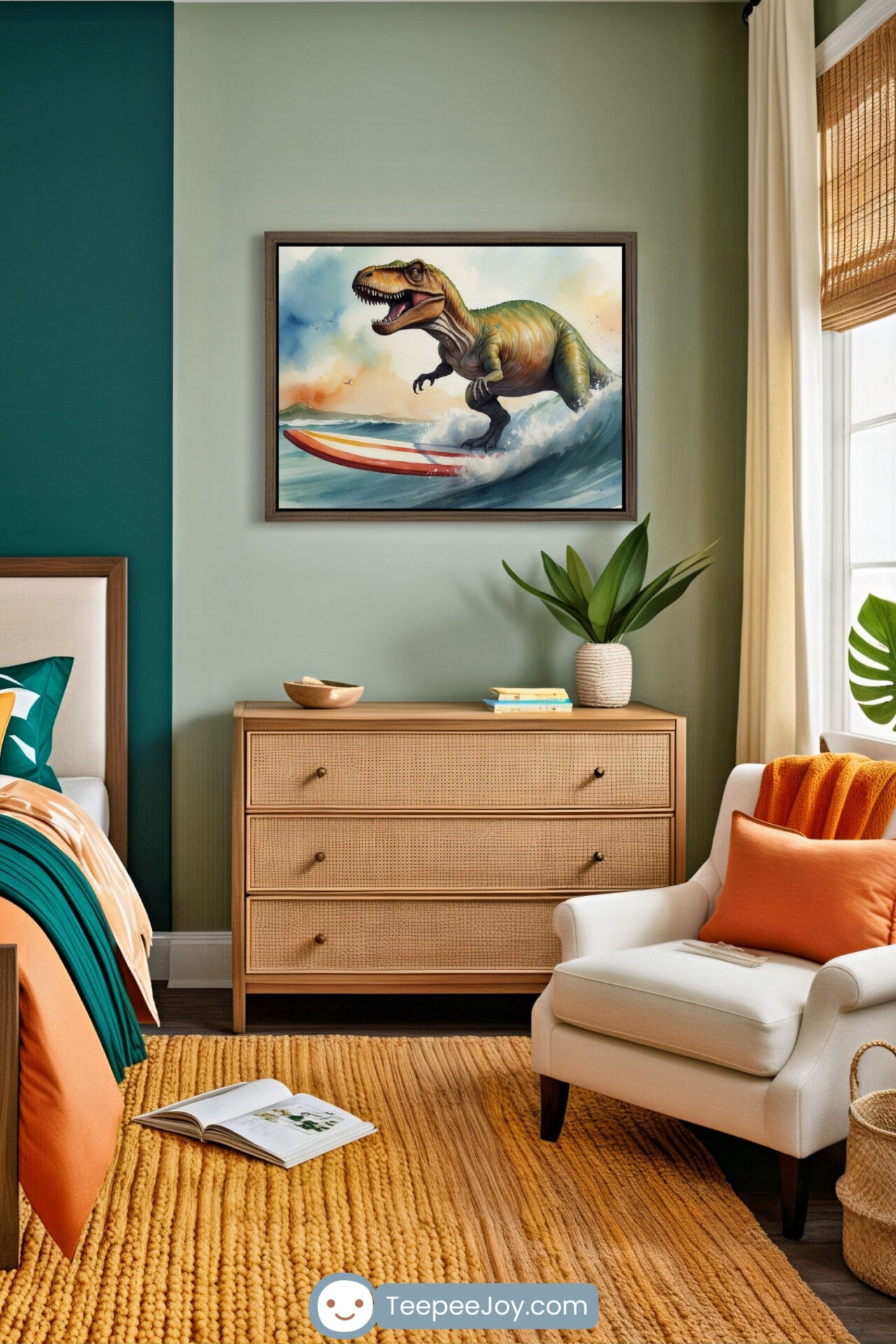 Stylish children's bedroom with a nature-inspired color scheme, featuring a rattan dresser and a cozy white armchair with an orange throw pillow and blanket. A framed artwork above the dresser showcases a playful watercolor illustration of a T-Rex surfing on a red-and-white striped surfboard, riding a wave with a dynamic stance. The room is decorated with green plants, a mustard yellow textured rug, and bedding in shades of teal and orange for a vibrant yet calming atmosphere.