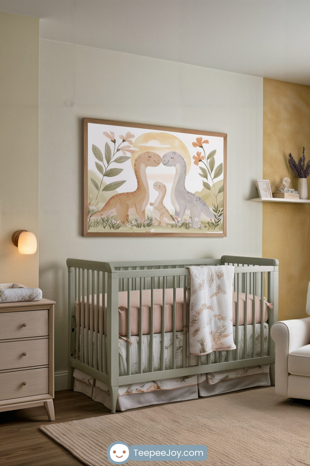Gentle nursery with pastel tones and a sage green crib, featuring a framed wall art of a dinosaur family—two adults and a baby—standing together under a golden sun, surrounded by flowers and leaves. The space includes blush pink bedding, botanical-themed accents, and a cozy, calming atmosphere.