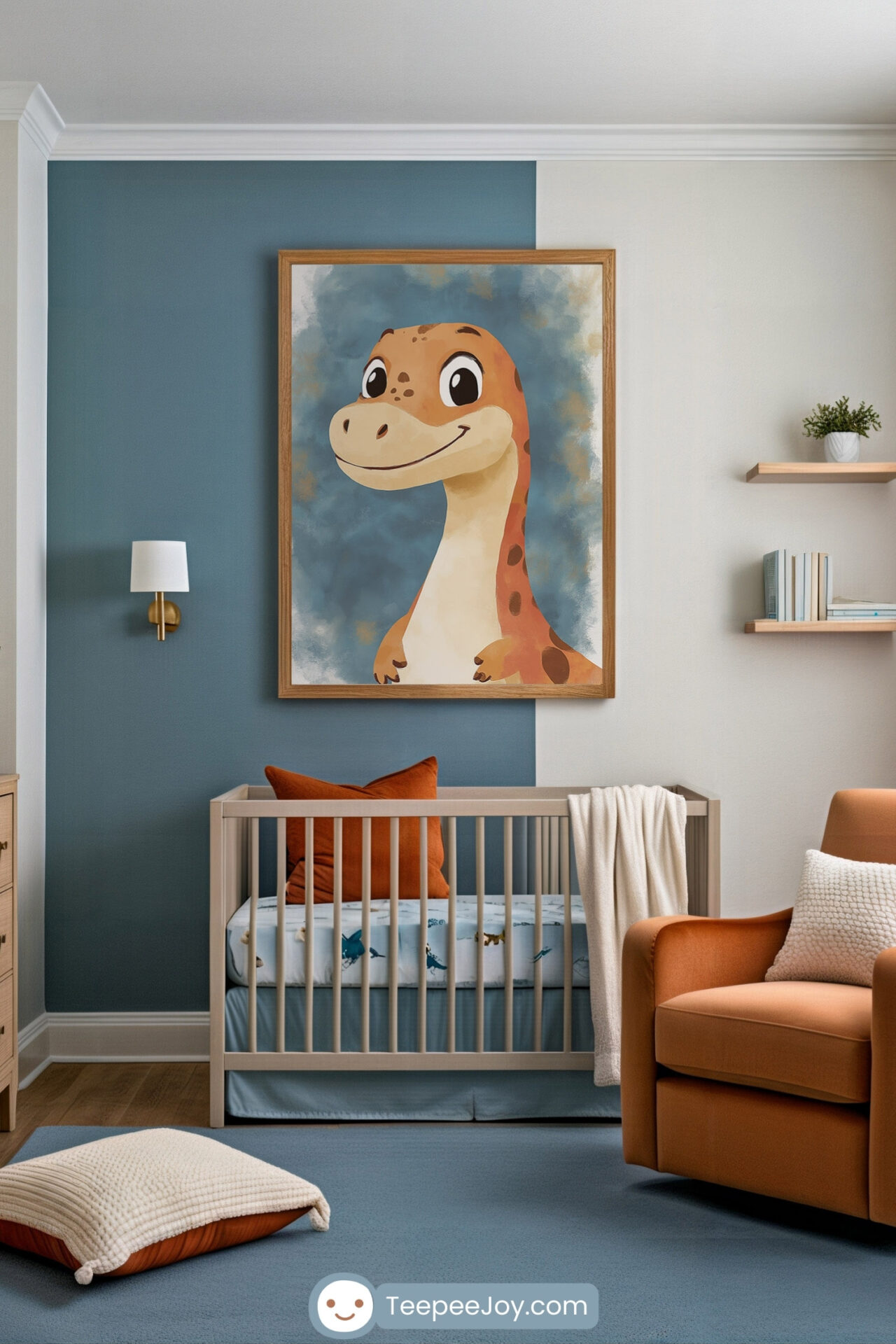 Modern nursery with a two-tone blue and cream wall, featuring playful wall art of a smiling orange dinosaur with big eyes against a cloudy sky background. The space includes a light wood crib with dinosaur-print bedding, burnt orange and cream accents, and a cozy orange armchair.