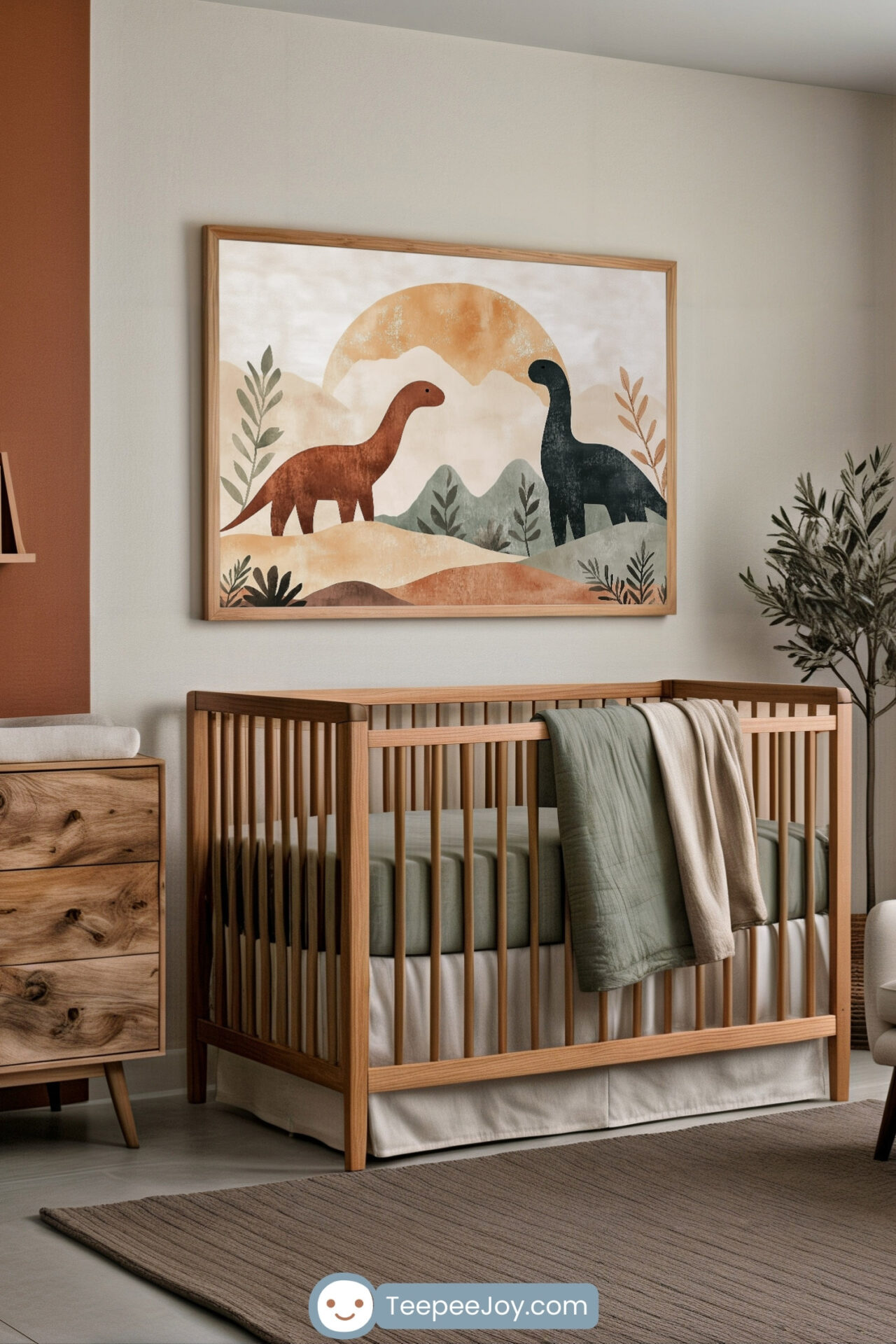 Minimalist nursery featuring a natural wood crib with sage green and cream bedding, and a framed wall art of two dinosaurs—one rust red and one charcoal—standing in a pastel landscape with mountains, foliage, and a rising sun. The room has earthy tones and soft textures, giving it a calm, nature-inspired vibe.