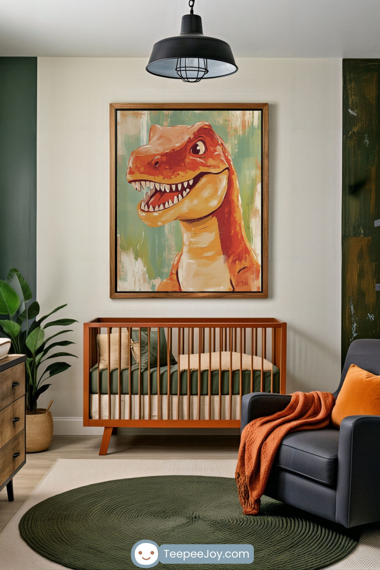 Bold and modern dinosaur-themed nursery featuring a burnt orange crib with olive green bedding, set beneath a striking art print of a smiling T-Rex with sharp teeth on a textured green and orange background. The space includes a dark armchair with a burnt orange throw, a round green rug, and leafy plants, creating a playful yet edgy atmosphere with natural accents.