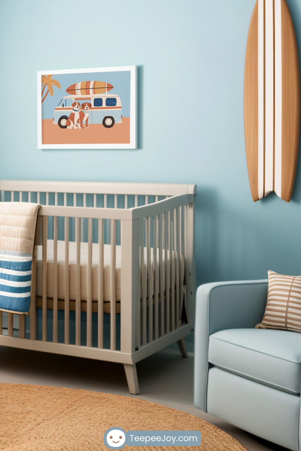 A coastal-themed nursery with light blue walls, featuring a white crib with neutral bedding and a framed illustration of two dogs and a van with a surfboard. The decor includes a wicker basket, a light wood dresser with a changing pad, and a blue armchair with a striped pillow. A woven circular rug and a surfboard wall accent enhance the beach-inspired vibe.
