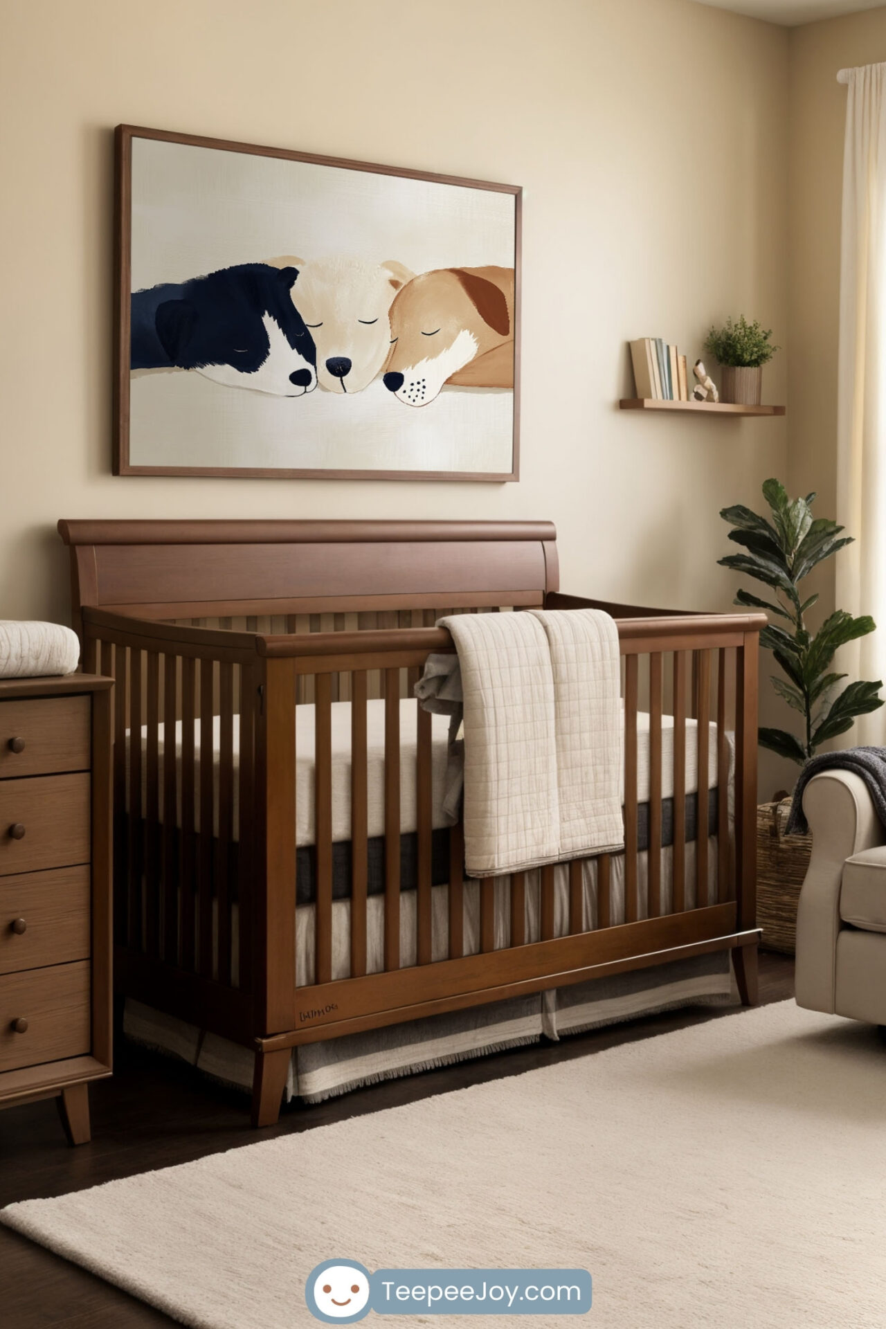 A cozy nursery featuring a wooden crib with a soft, neutral-toned blanket draped over the side. Above the crib, a framed painting of three sleeping dogs adds warmth to the beige walls. The room is decorated with floating shelves holding books and small decor, a plush cream-colored armchair with a dark throw pillow, and a large area rug. Natural light filters through sheer white curtains, creating a serene and inviting atmosphere.