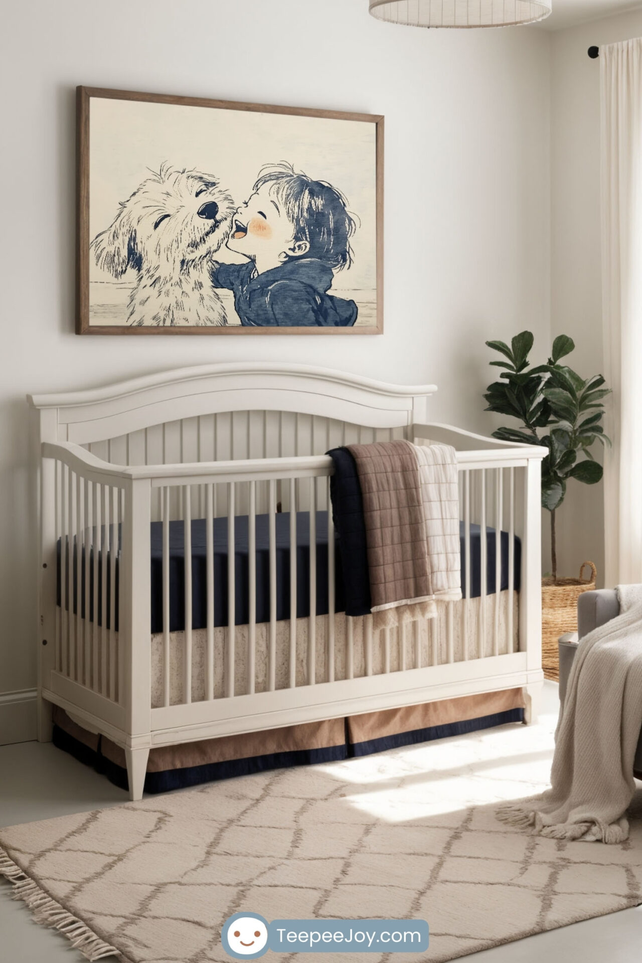 Serene nursery featuring child and dog friendship wall art
