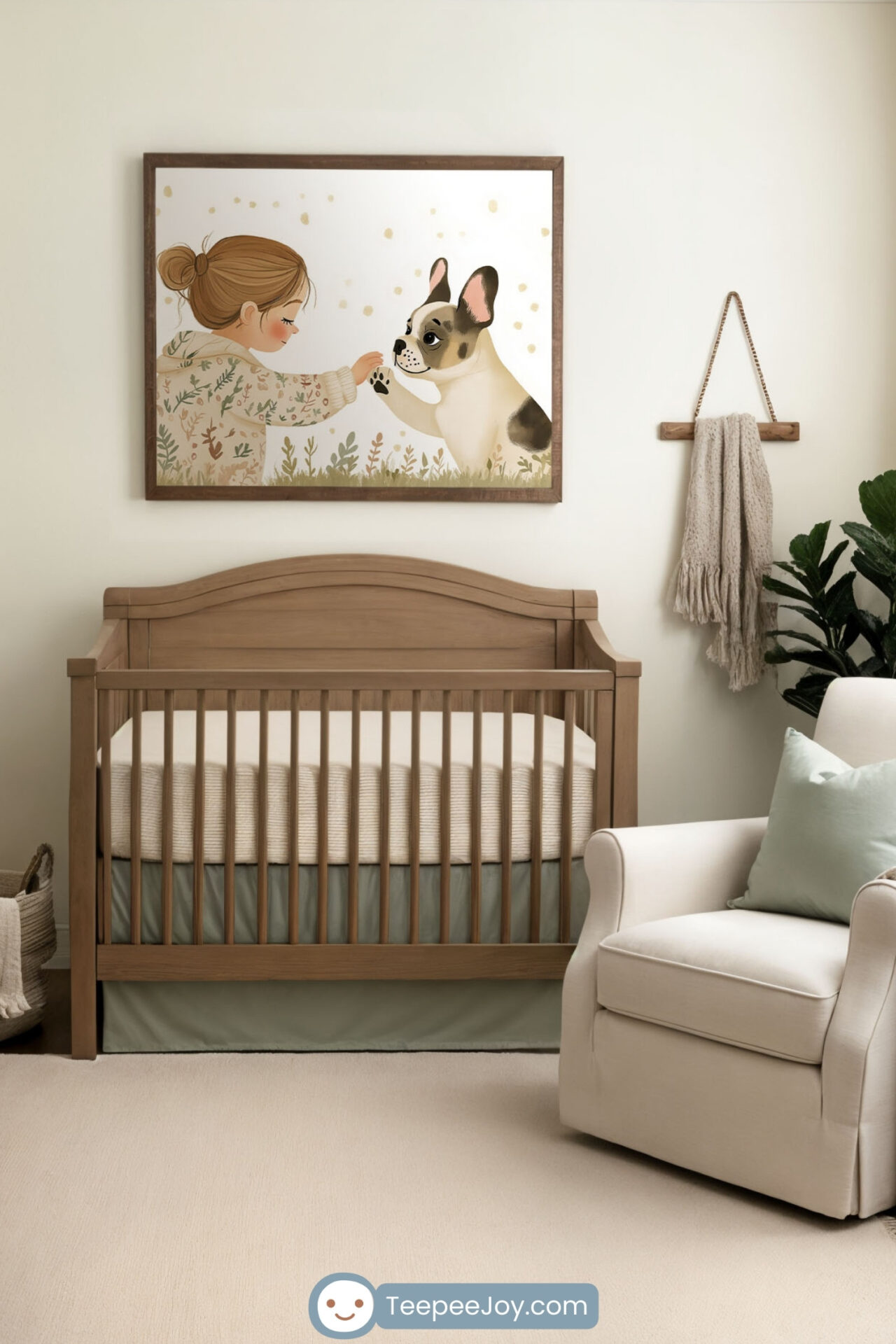 Serene nursery with a neutral color palette featuring a wooden crib, a matching dresser with a changing pad, and a cozy white armchair with a soft knitted throw blanket and a pastel green pillow. Above the crib hangs a framed illustration of a young girl and a French Bulldog touching hands, adding a whimsical and heartwarming touch to the space. The room is decorated with minimalist wooden shelves, small potted plants, and a woven basket, creating a warm and inviting atmosphere.