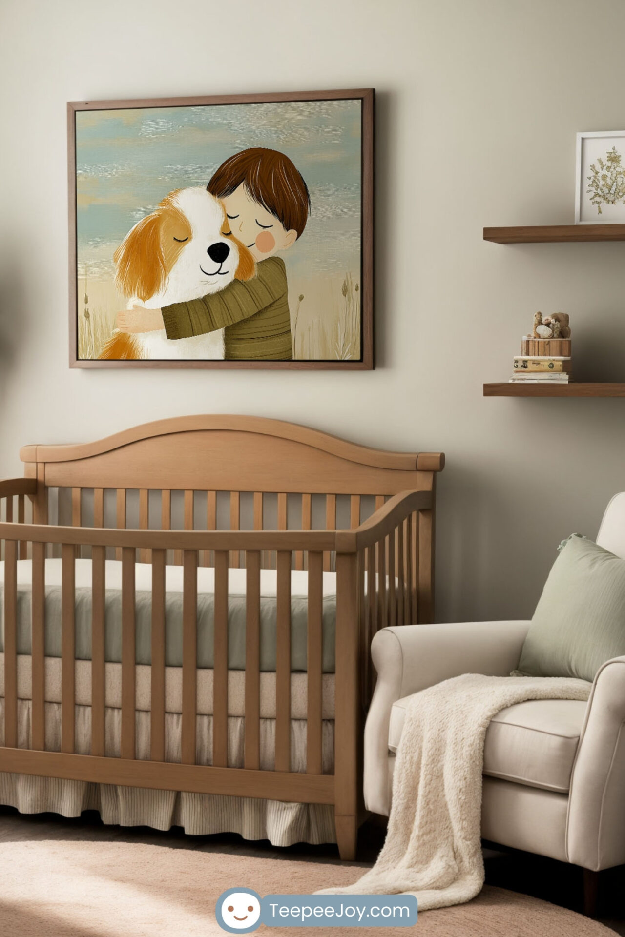 Peaceful nursery featuring boy hugging dog wall art