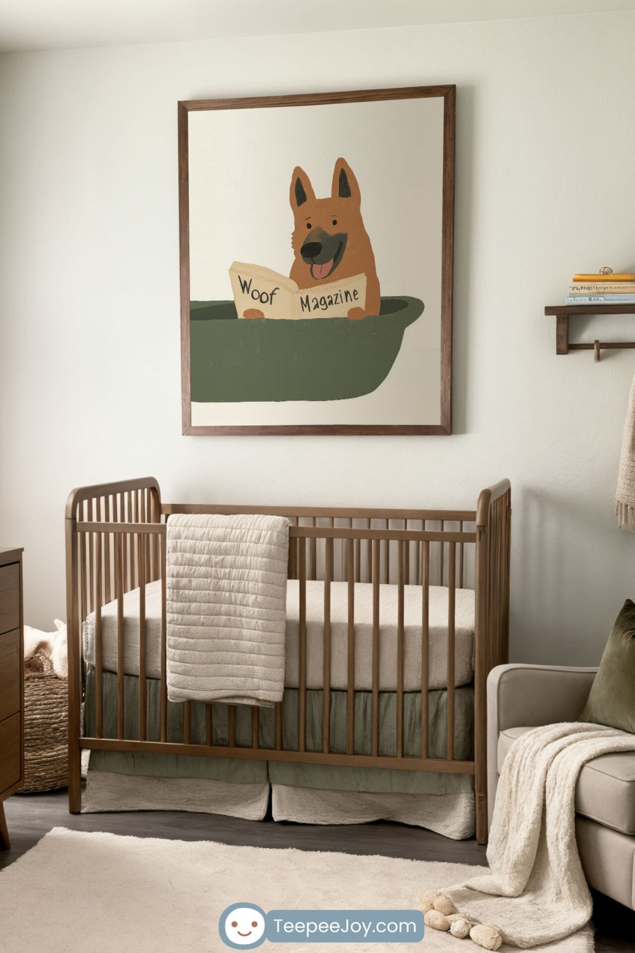 Modern nursery with a neutral color palette, featuring a wooden crib with beige and sage green bedding, a matching dresser with a changing pad, and a plush cream armchair with a dark green pillow and soft throw blanket. Above the crib hangs a framed whimsical illustration of a dog sitting in a bed, reading Woof Magazine. The room is styled with a soft cream rug, woven baskets, a floating wooden shelf with books and decor, and a potted plant, creating a warm and inviting atmosphere.