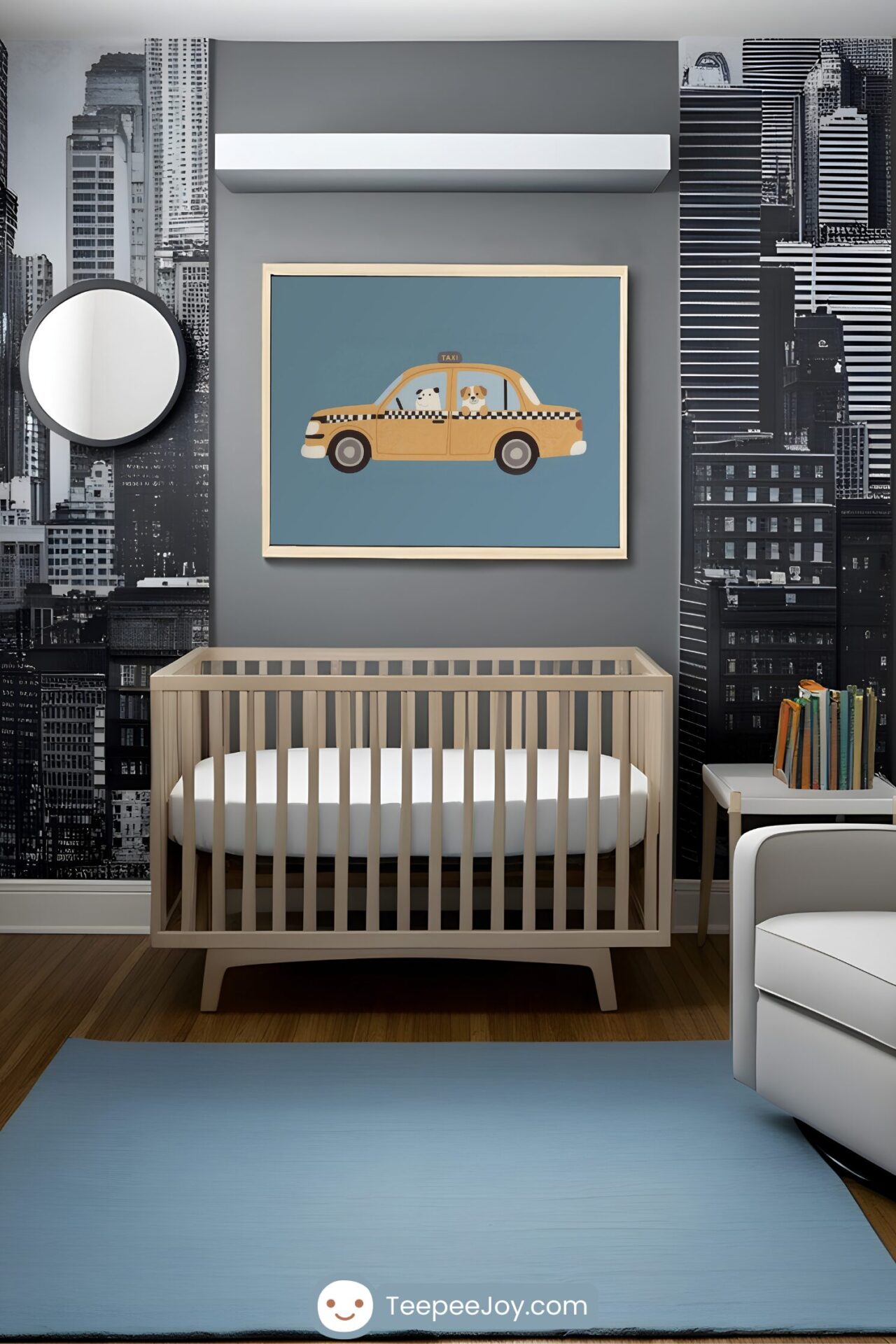 Modern city-themed nursery featuring a sleek, light wood crib against a gray wall with black-and-white city skyline wallpaper. Above the crib, a framed artwork of a yellow taxi with two dogs as passengers on a muted blue background adds a playful and urban touch. The room is styled with a minimalist white armchair, a small side table with colorful books, a round mirror, and a soft blue rug, creating a chic and contemporary space for a little one.