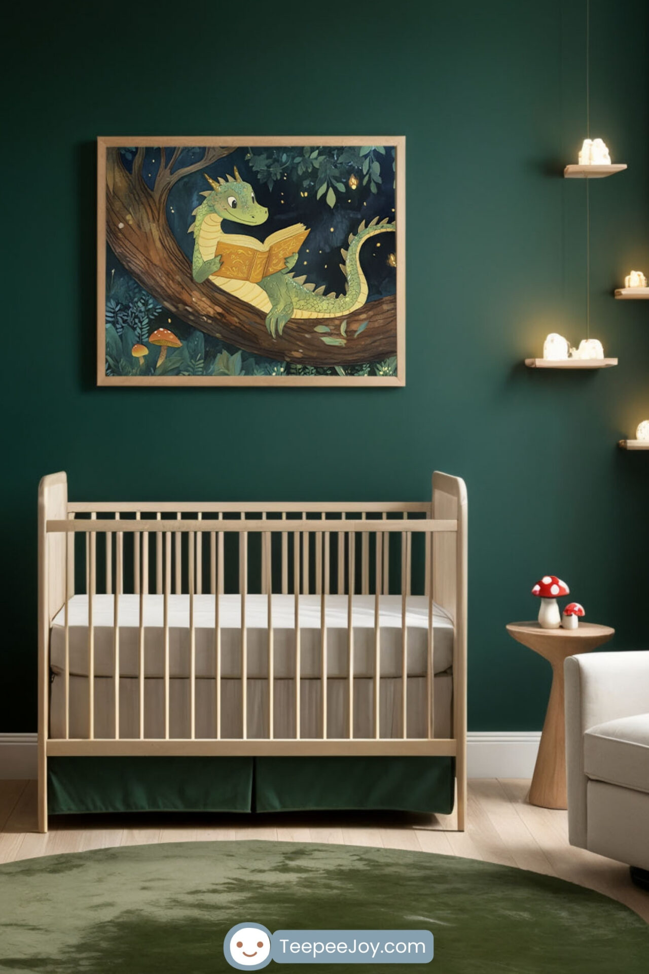 This nursery features a woodland-themed aesthetic with rich green tones and natural wood accents, creating a cozy forest ambiance. The centerpiece is a whimsical dragon wall art, depicting a dragon reading a golden book while perched on a tree branch, surrounded by glowing fireflies and mushrooms. This space is designed to spark a child’s imagination while offering a serene and nurturing environment.
