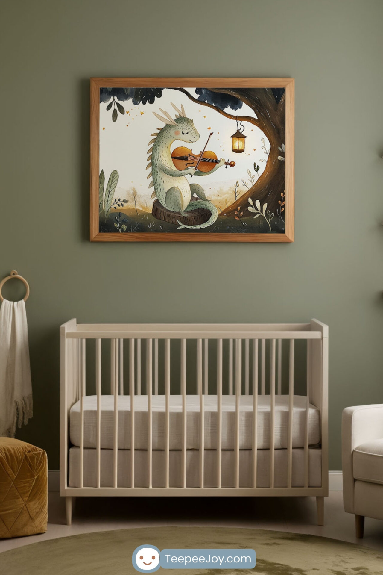 This cozy nursery features a dragon-themed wall art depicting a whimsical dragon serenely playing a violin beneath a tree adorned with a glowing lantern. The muted green and beige tones of the decor complement the fantastical artwork, creating a calming and imaginative space for a child. Perfect for nurturing creativity and a sense of wonder.