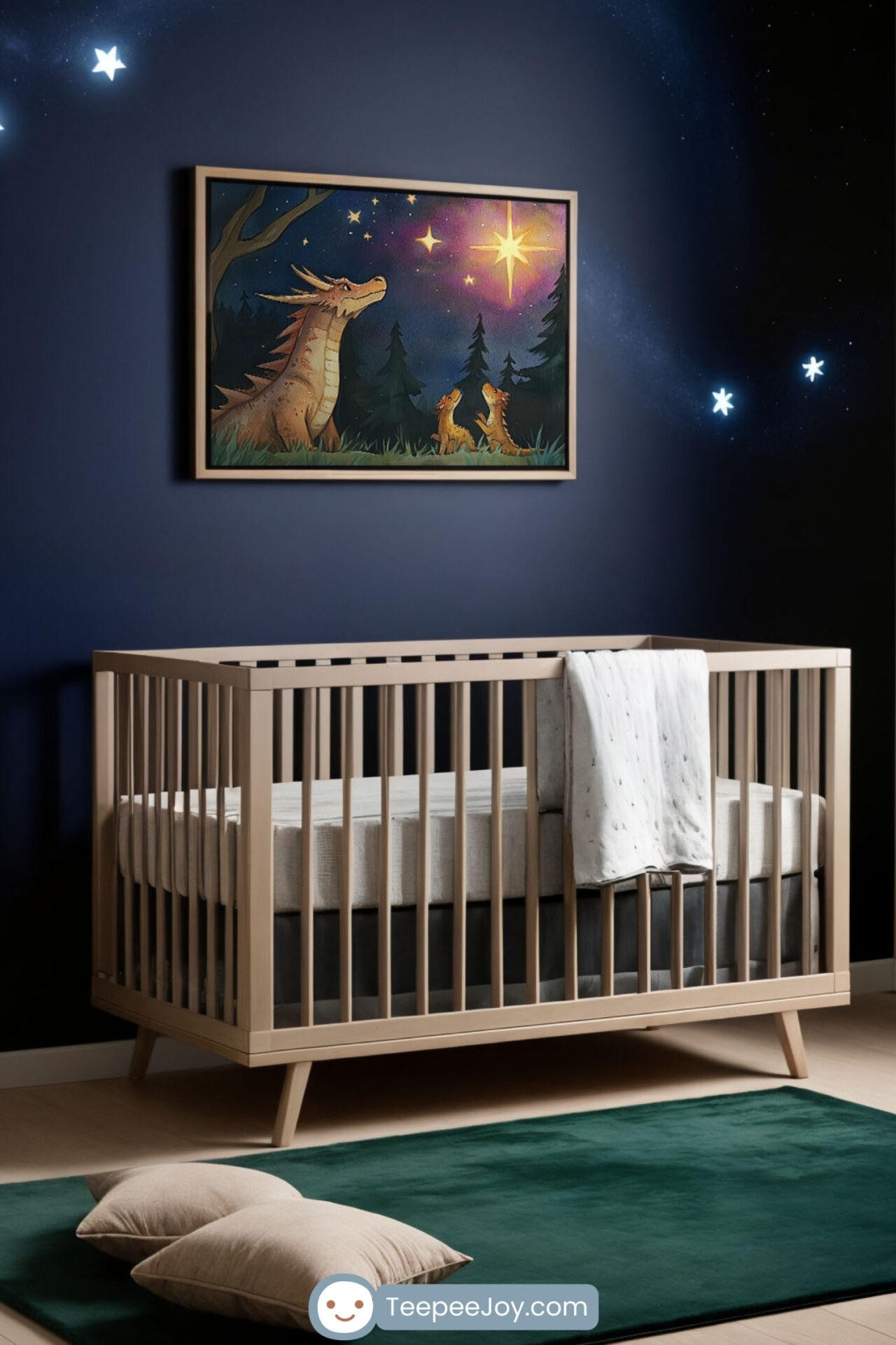 This cozy nursery features a starlit mural with glowing accents that complements the central art of a dragon family gazing at a radiant star in a magical forest. The warm tones of the dragon and vibrant celestial details create a dreamy ambiance. The room’s natural wood crib and deep green accents complete the enchanting atmosphere, perfect for bedtime storytelling.