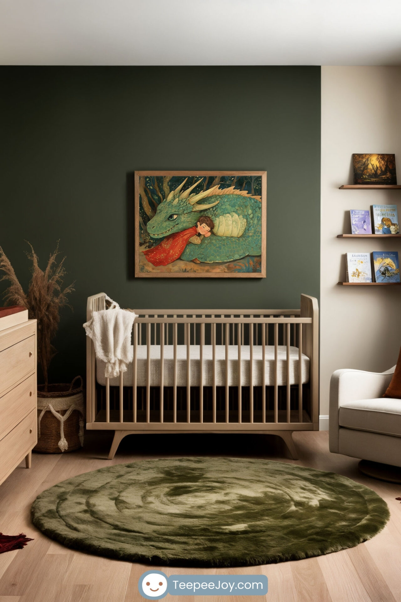 This nursery features a serene green accent wall adorned with a framed artwork of a young boy nestled peacefully against a green dragon, wrapped in a vibrant red cloak. The setting is cozy with a wooden crib, soft earth-toned décor, and a plush circular rug, blending fantasy charm with a warm, inviting atmosphere. Ideal for a child's imaginative haven.